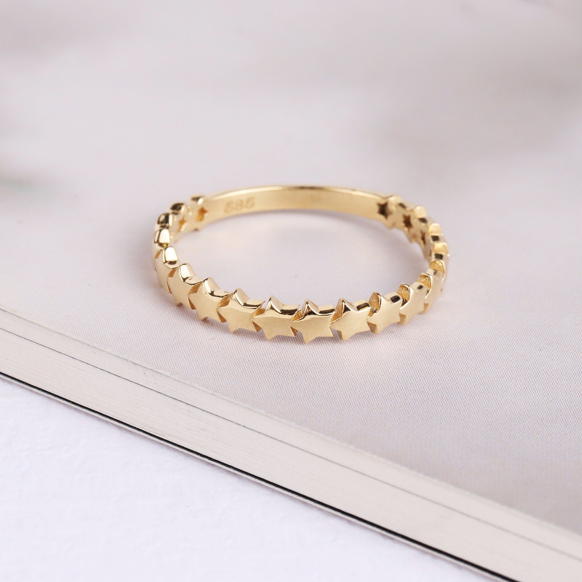14K Gold Star Ring, Gold Multi Stars Ring, Starburst Minimalist Ring, Tiny Astral Star Band, Stacking Dainty Gold Ring, Gift for Wife