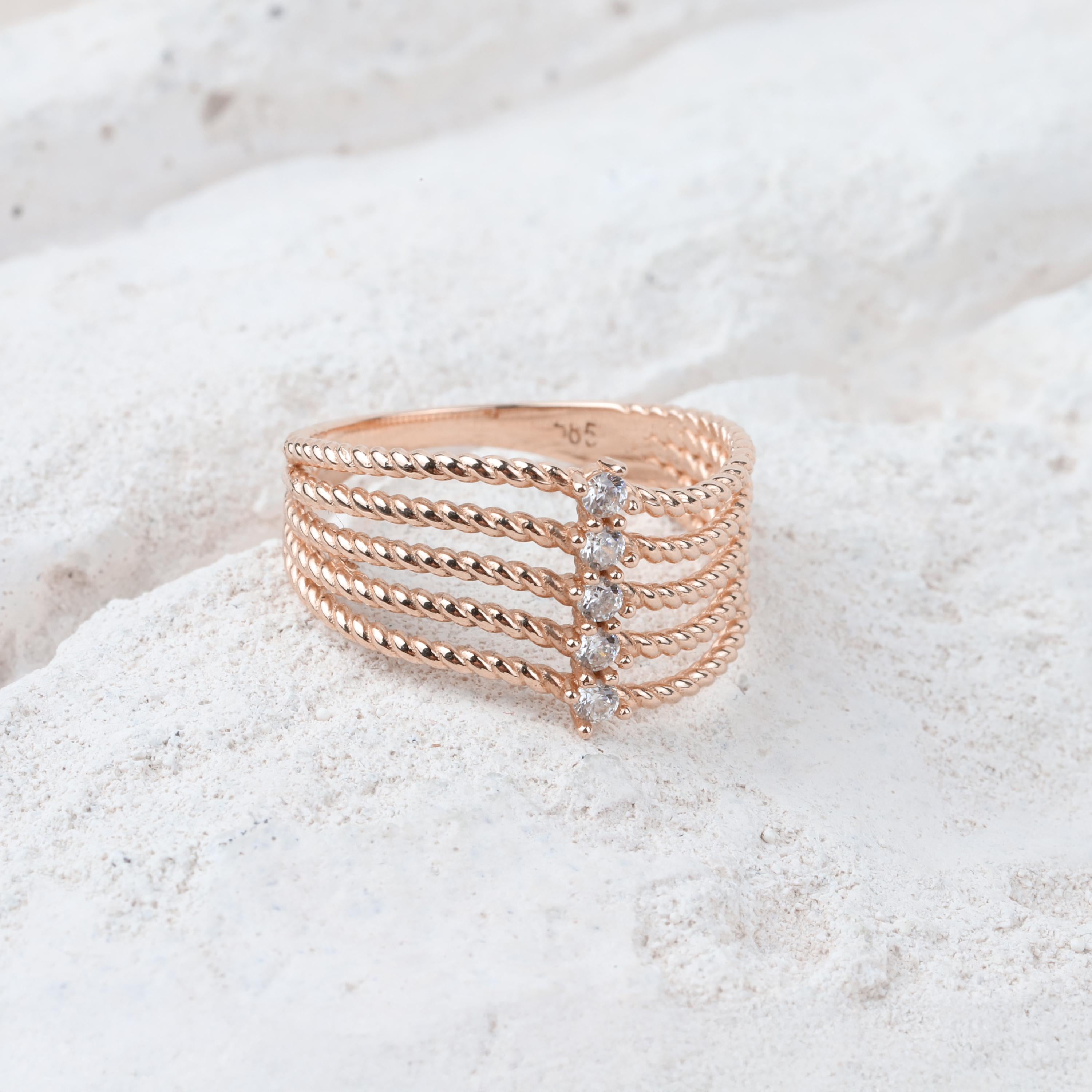 14K Gold 5 Stone Wedding Ring, Braided Band, Promise Anniversary Ring, Bridal Ring, Five Stone Stacking Ring, Dainty Ribbed Wedding Band