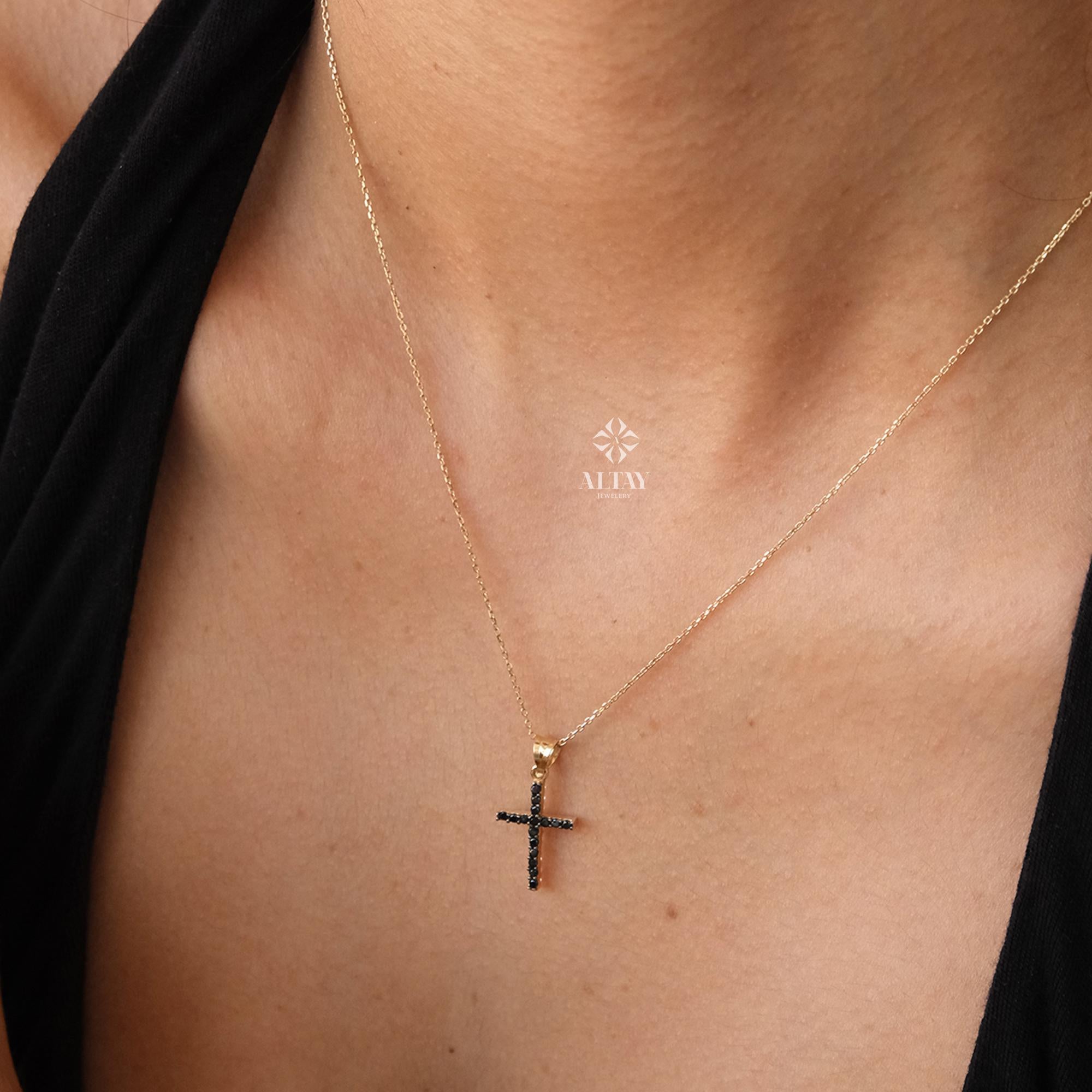 14K Gold Cross Necklace, Black Stone Crucifix Pendant Chain, Jesus Christ Religious Jewelry, Dainty Cross Charm, Christian Gift, Christmas