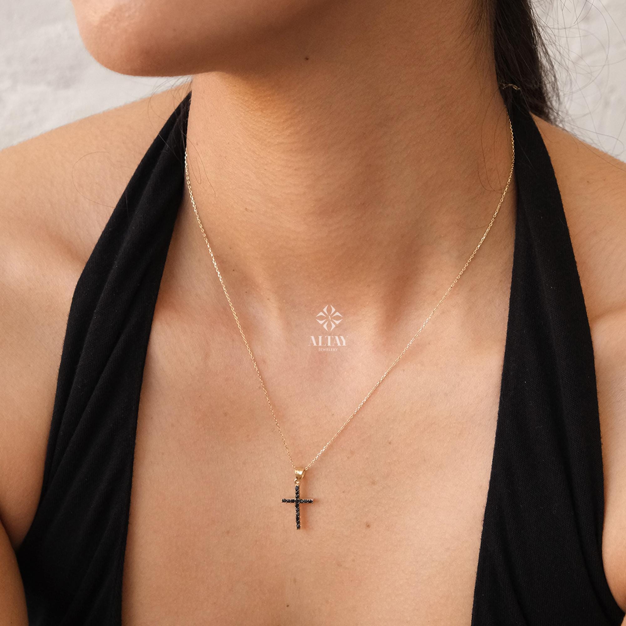 14K Gold Cross Necklace, Black Stone Crucifix Pendant Chain, Jesus Christ Religious Jewelry, Dainty Cross Charm, Christian Gift, Christmas