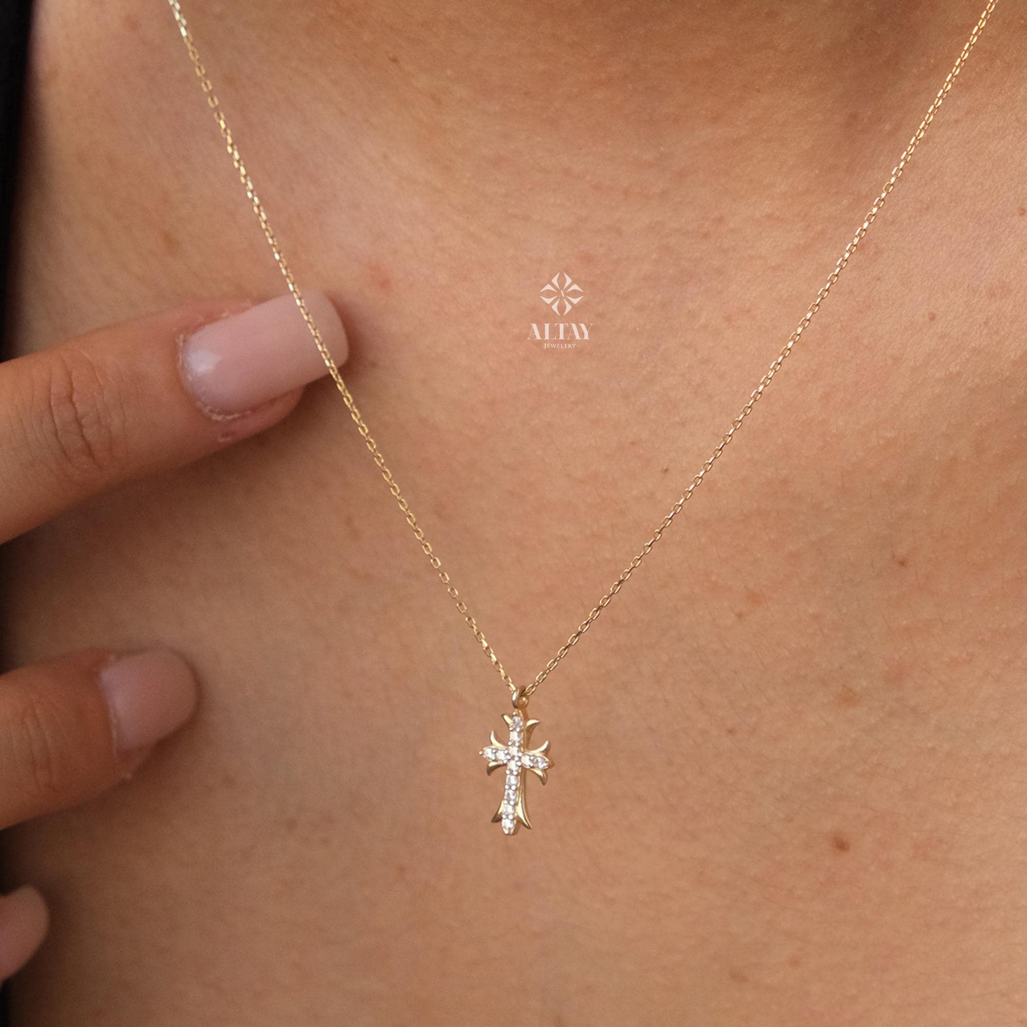 14K Gold Cross Necklace, White Stone Crucifix Pendant Chain, Jesus Christ Religious Jewelry, Dainty Cross Charm, Christian Gift, Christmas