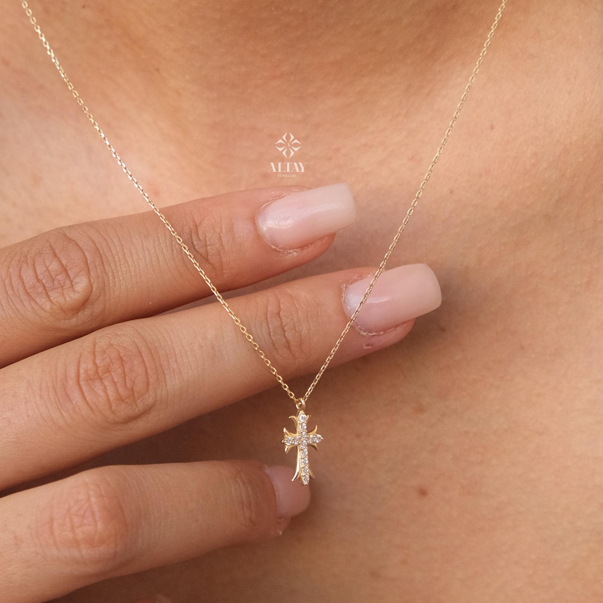 14K Gold Cross Necklace, White Stone Crucifix Pendant Chain, Jesus Christ Religious Jewelry, Dainty Cross Charm, Christian Gift, Christmas