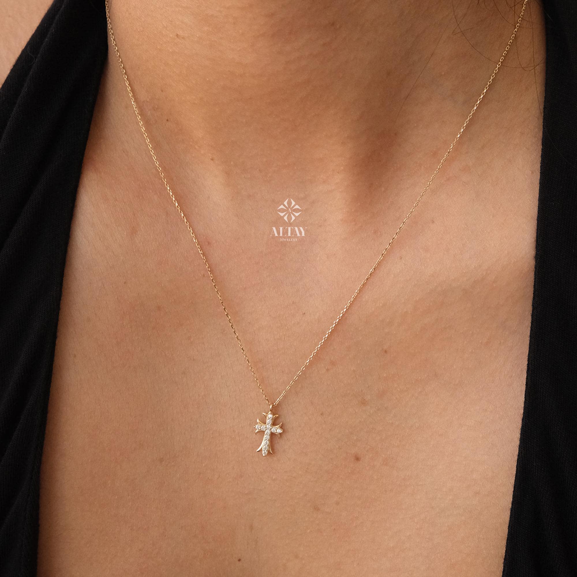 14K Gold Cross Necklace, White Stone Crucifix Pendant Chain, Jesus Christ Religious Jewelry, Dainty Cross Charm, Christian Gift, Christmas