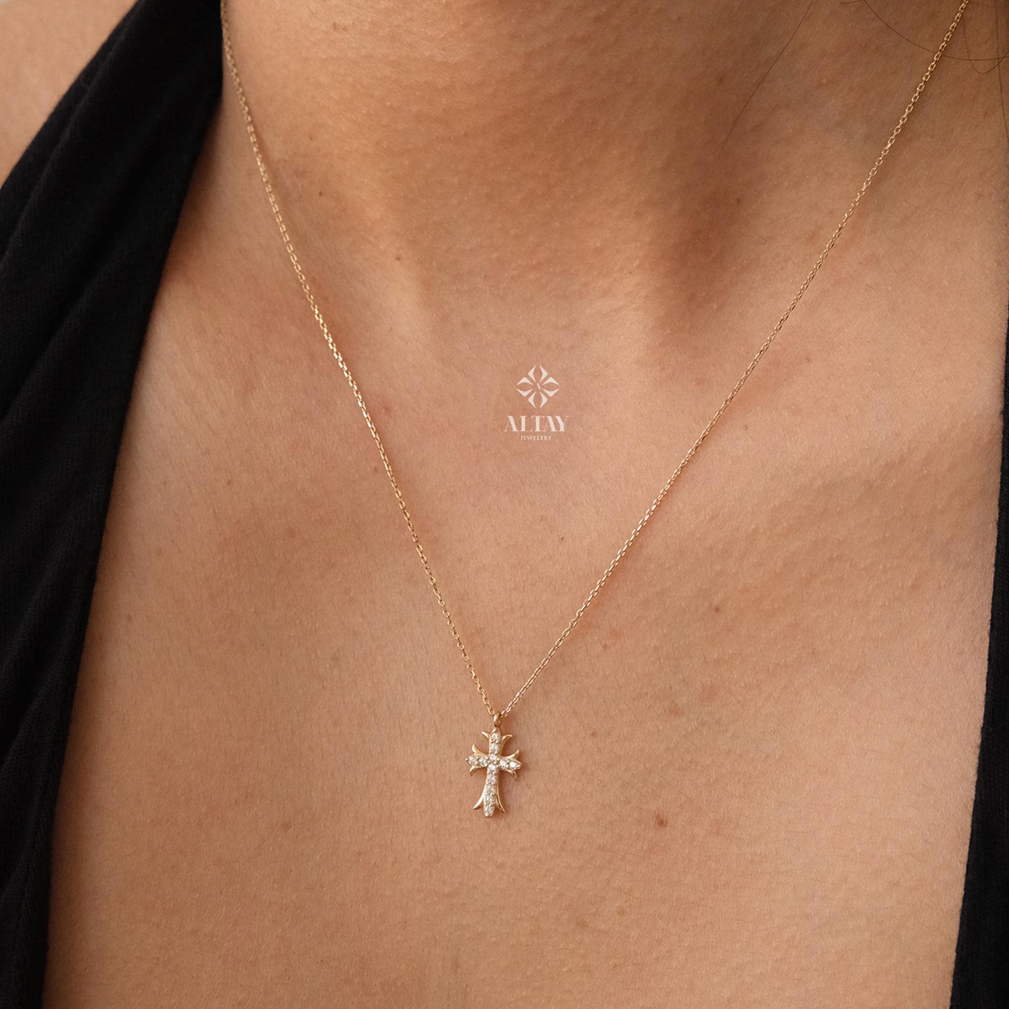 14K Gold Cross Necklace, White Stone Crucifix Pendant Chain, Jesus Christ Religious Jewelry, Dainty Cross Charm, Christian Gift, Christmas