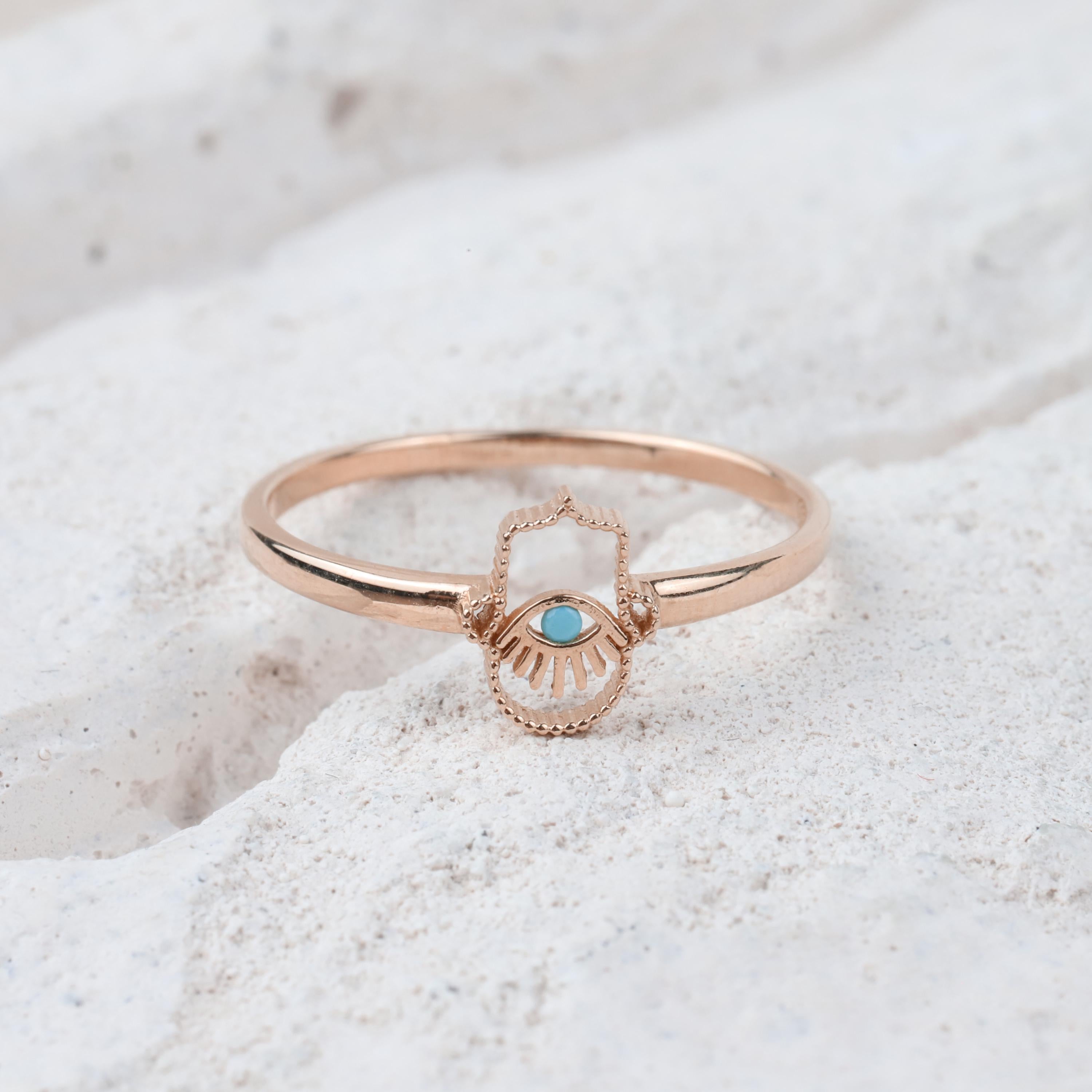 14K Gold Hamsa Hand Ring, Hand of Fatima, Gold Protection Ring, Minimalist Pinky Ring Women, Third Eye Band Ring, Handmade Gift Ring