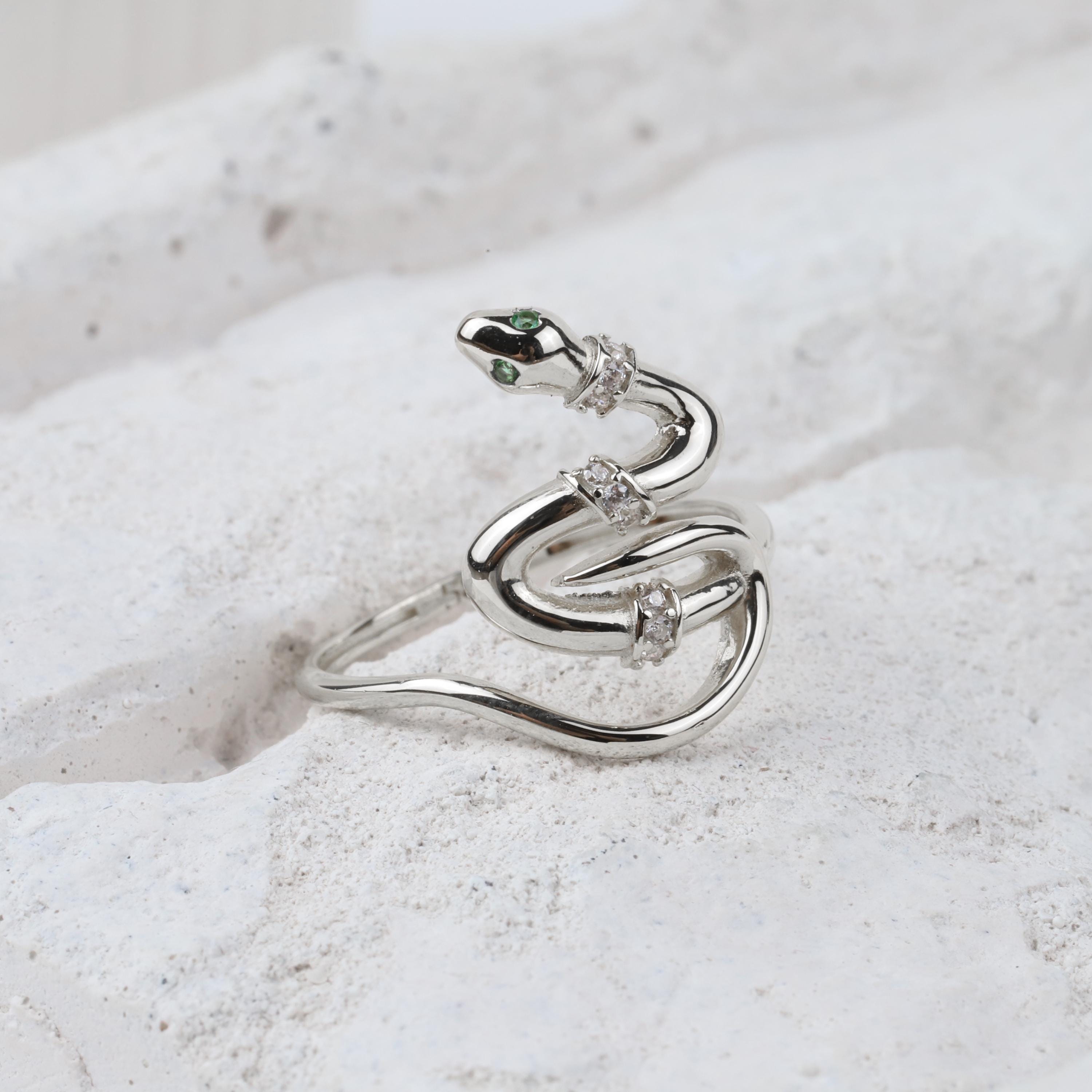 14K Gold Snake Ring, Snake Band, Open Serpent Jewelry, Dainty Stacking Animal Rings, CZ Snake Style Band, Open Band Statement Wrap Band Ring