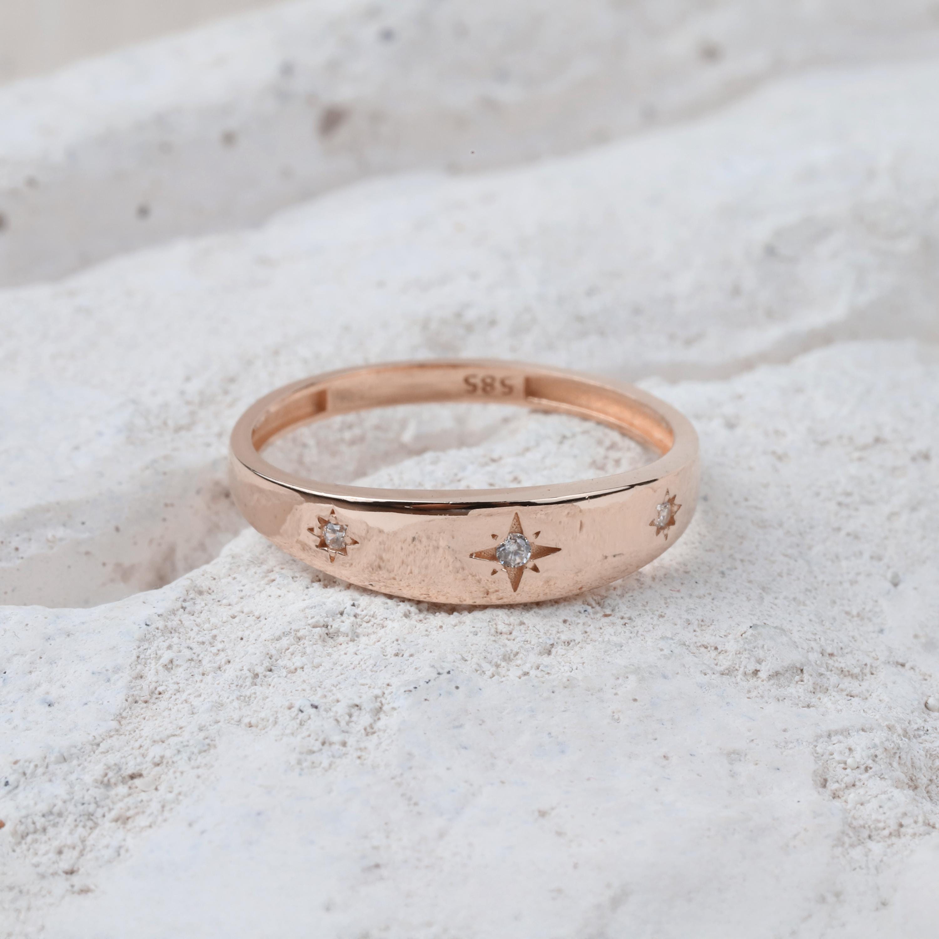 14K Gold North Star Ring, Gold Polar Star Band, Gold Cz Diamond Star Ring, Astrology Starburst Ring, Luck Star Ring, Celestial Pinky Ring