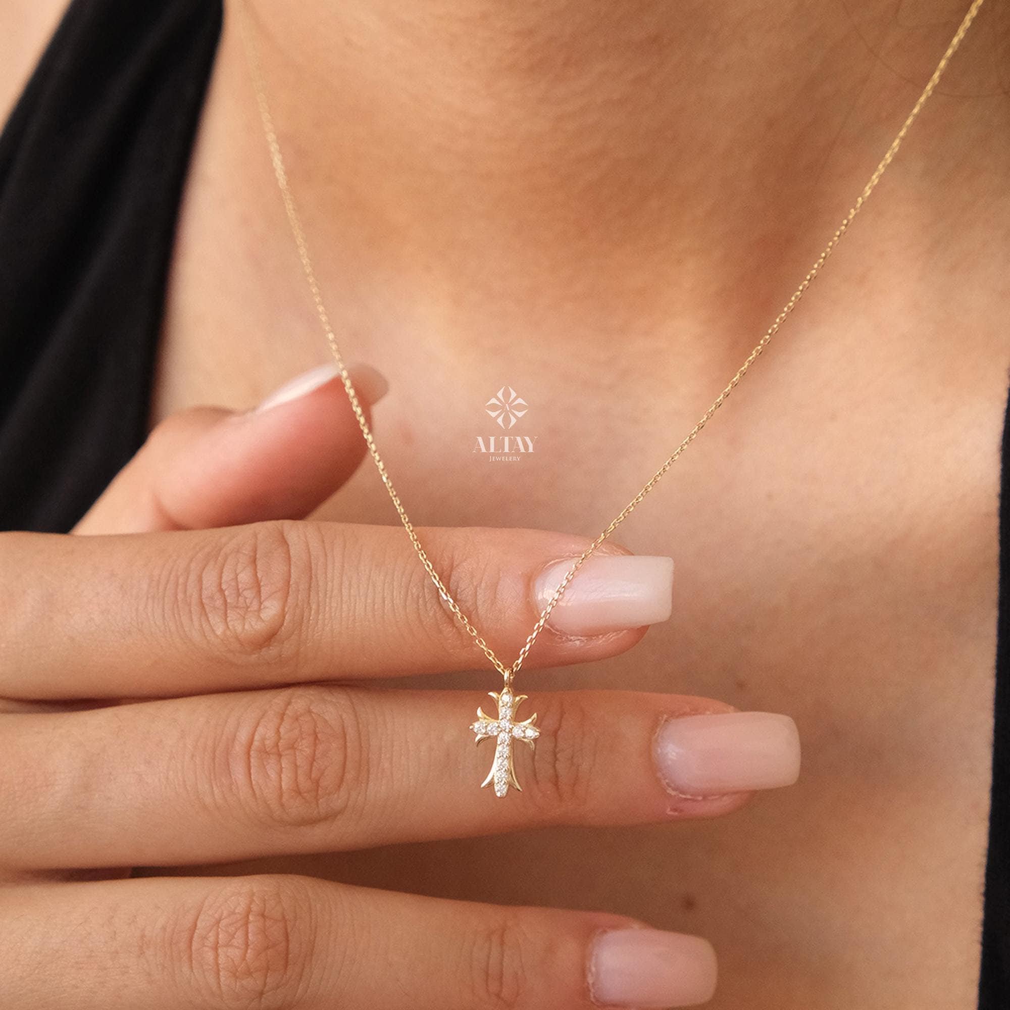 14K Gold Cross Necklace, White Stone Crucifix Pendant Chain, Jesus Christ Religious Jewelry, Dainty Cross Charm, Christian Gift, Christmas