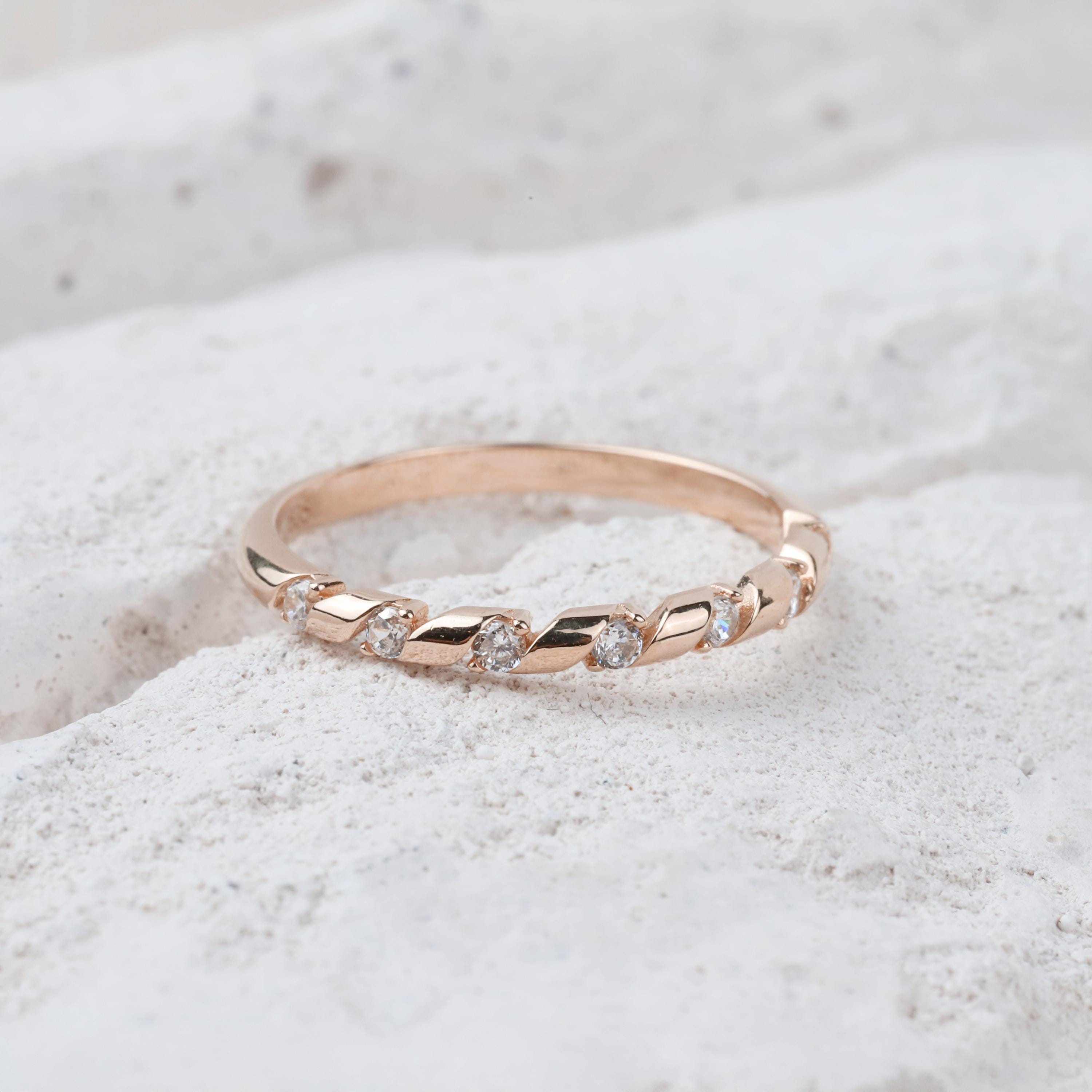 14K Gold Half Eternity Ring, 2mm CZ Diamond Wedding Ring, Round Wedding Ring, Delicate Engagement Band, Stacking Promise Gold Ring