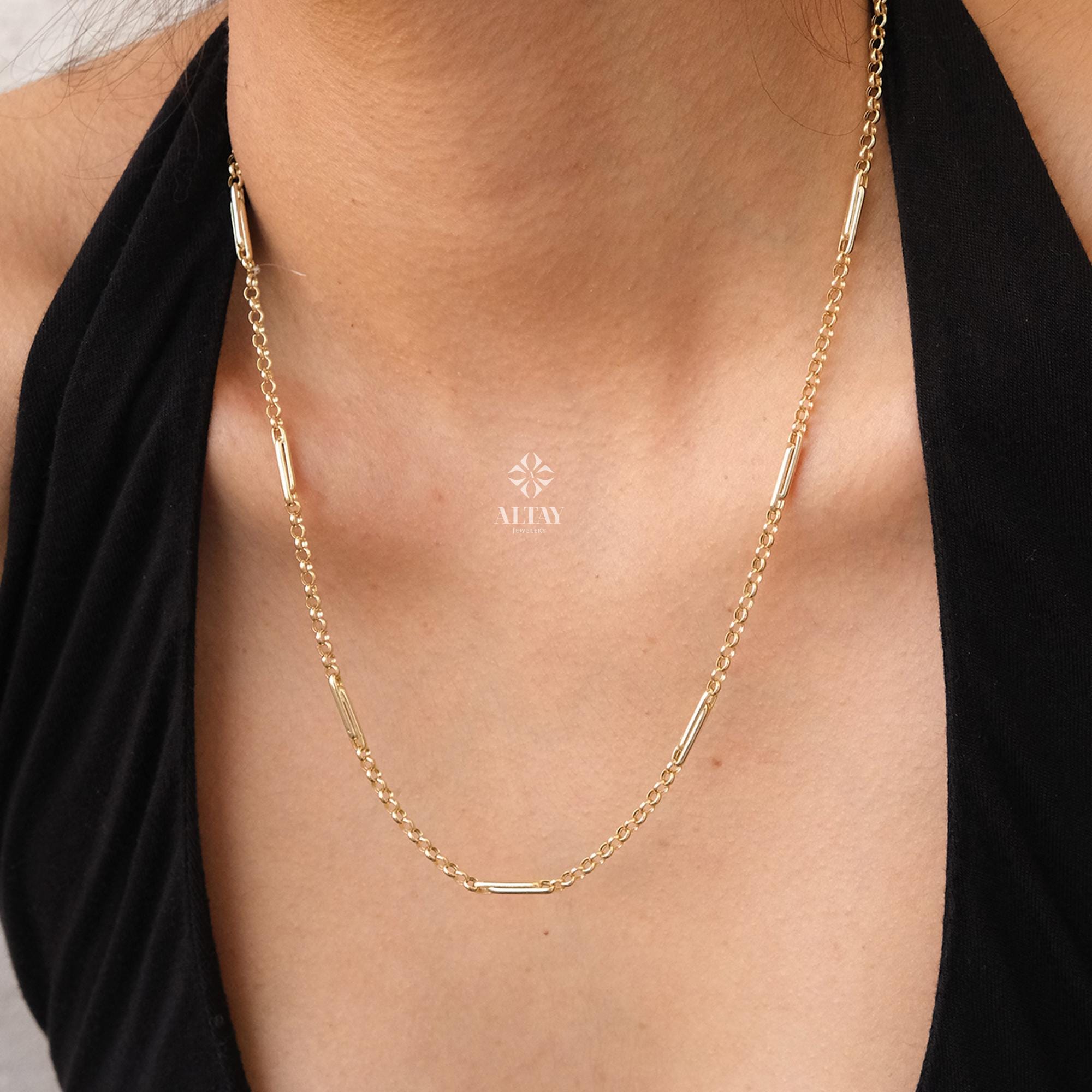 14K Gold Long Paperclip Rolo Chain Necklace, Rectangle Long Rolo Chain, Chunky Round Chain Link Necklace, Layered Necklace, Dainty Chain