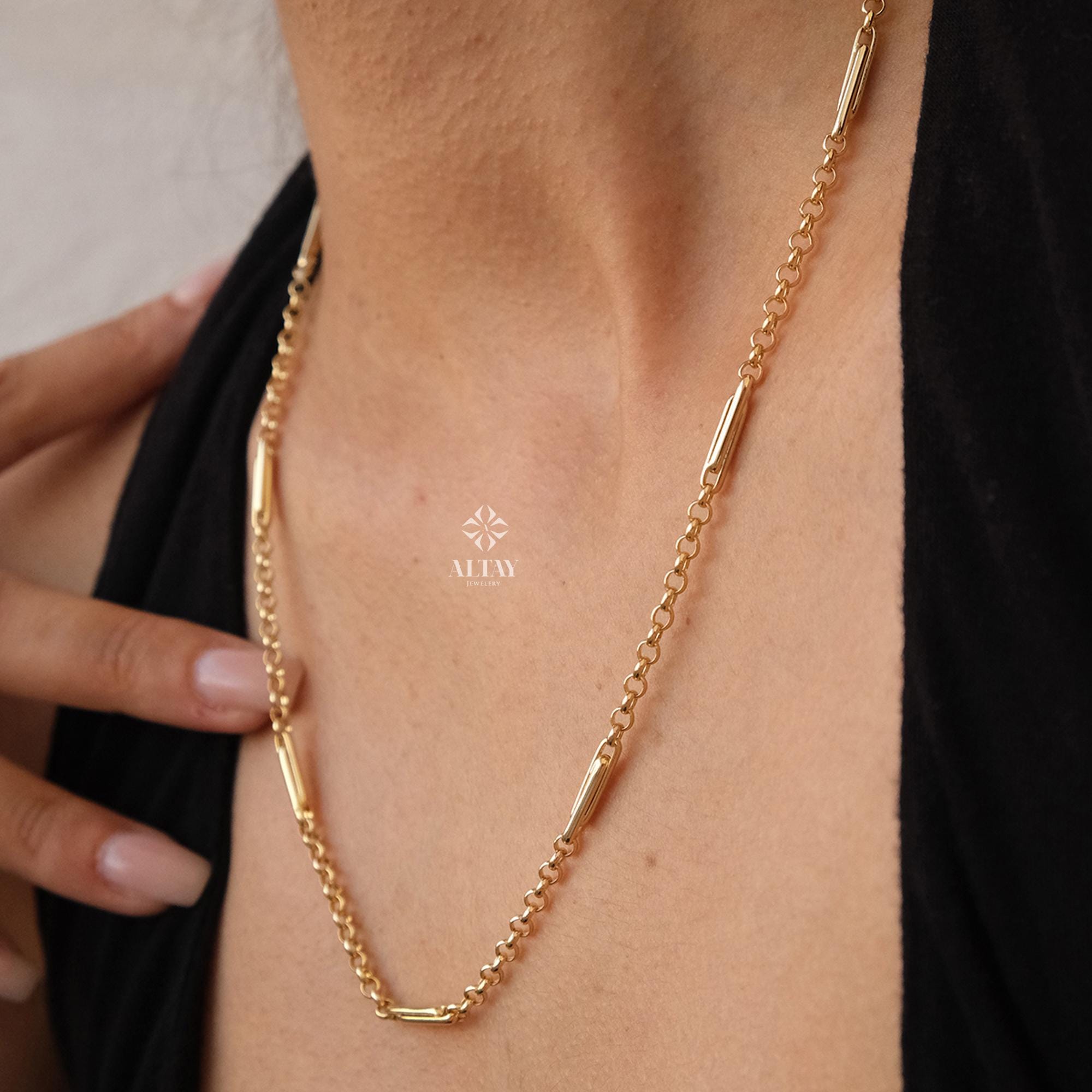 14K Gold Long Paperclip Rolo Chain Necklace, Rectangle Long Rolo Chain, Chunky Round Chain Link Necklace, Layered Necklace, Dainty Chain