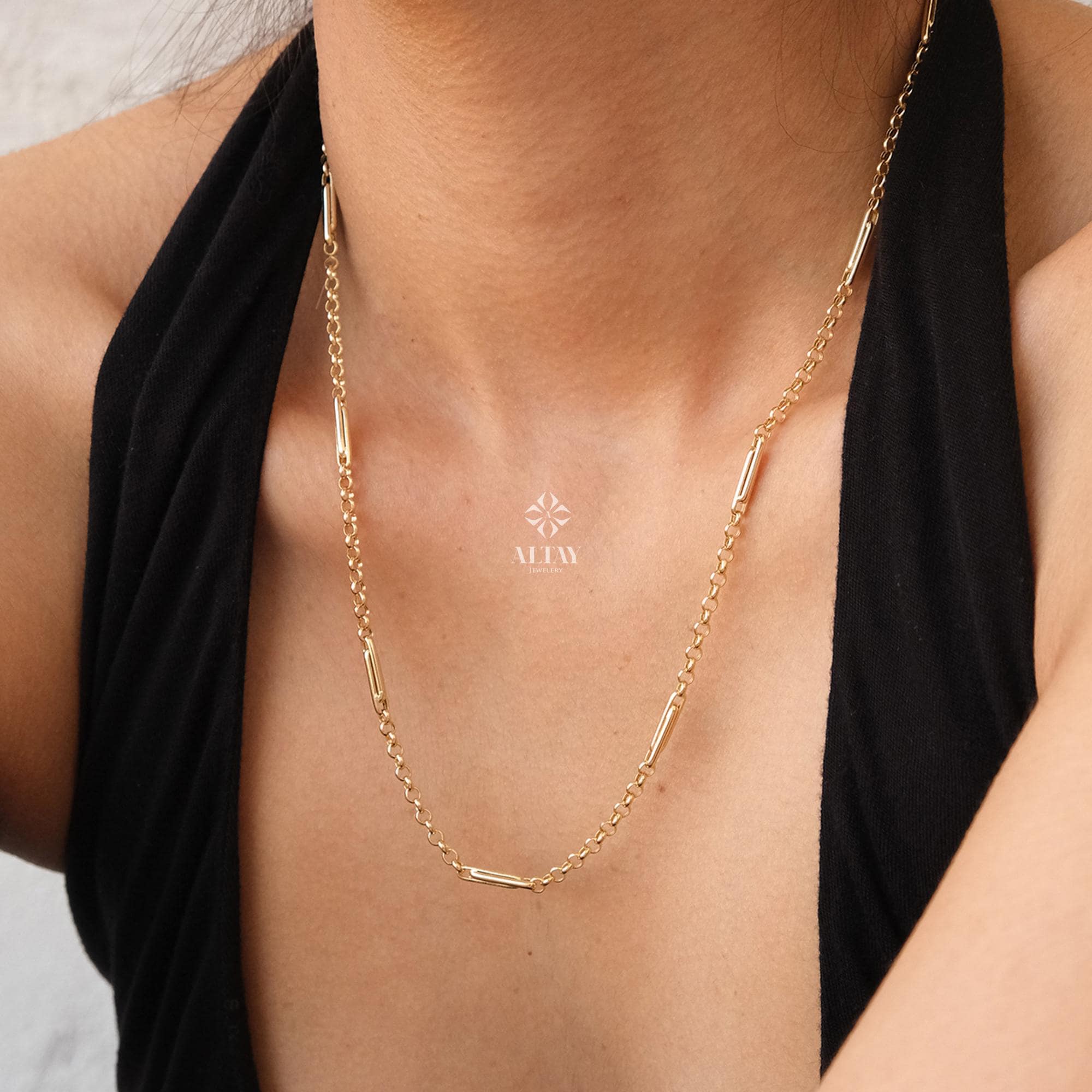 14K Gold Long Paperclip Rolo Chain Necklace, Rectangle Long Rolo Chain, Chunky Round Chain Link Necklace, Layered Necklace, Dainty Chain