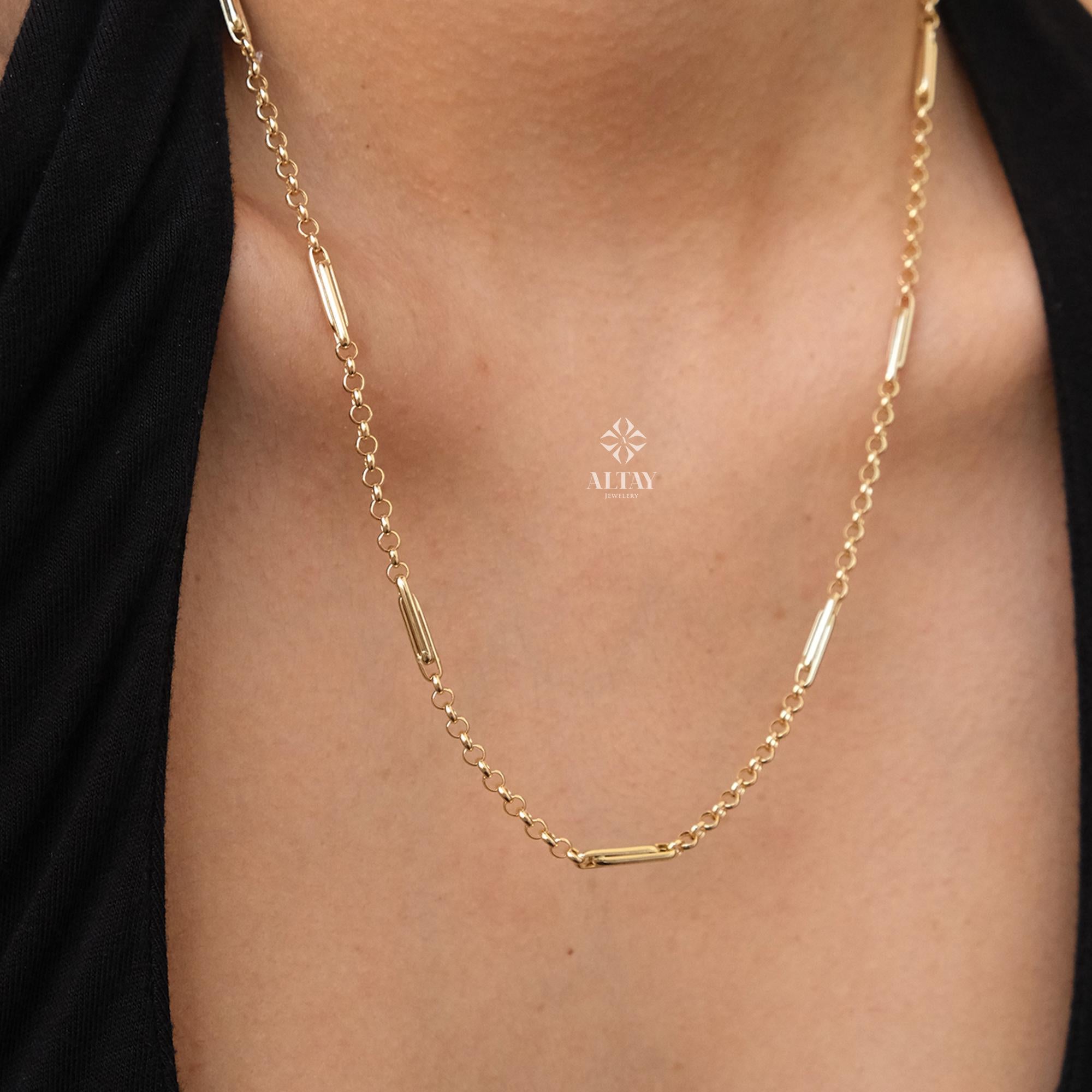 14K Gold Long Paperclip Rolo Chain Necklace, Rectangle Long Rolo Chain, Chunky Round Chain Link Necklace, Layered Necklace, Dainty Chain