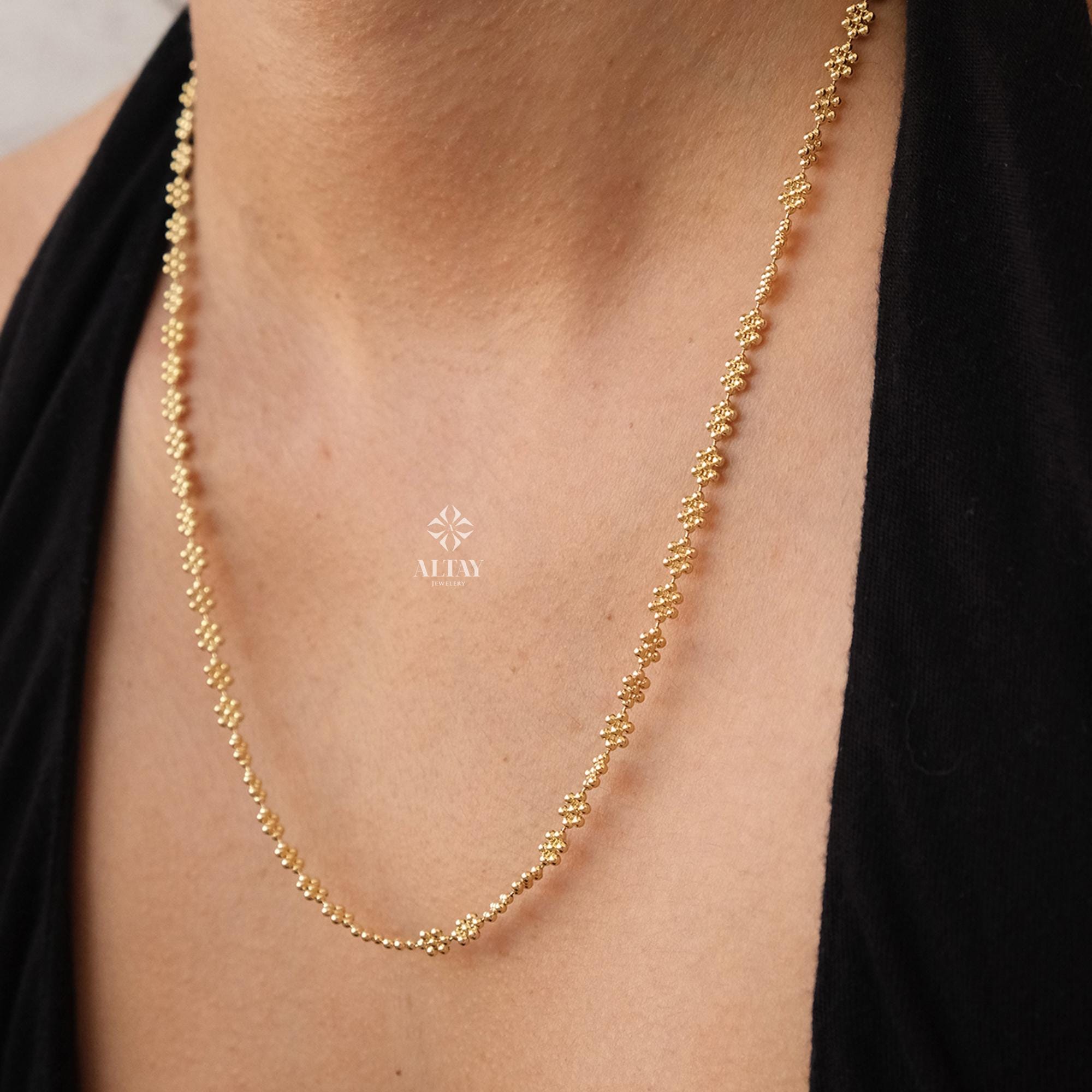 14K Gold Popcorn Necklace, 3mm Popcorn Choker Chain, Gold Beaded Stack Link Chain, Multi Ball Bismark Necklace, Valentine's Day Gift