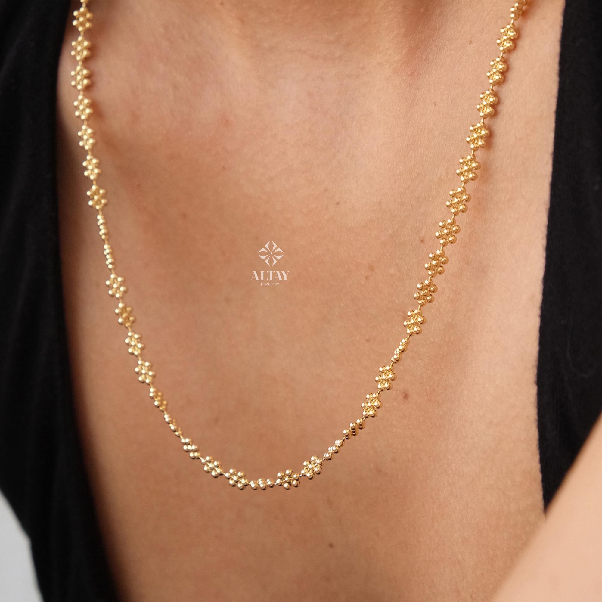 14K Gold Popcorn Necklace, 3mm Popcorn Choker Chain, Gold Beaded Stack Link Chain, Multi Ball Bismark Necklace, Valentine's Day Gift