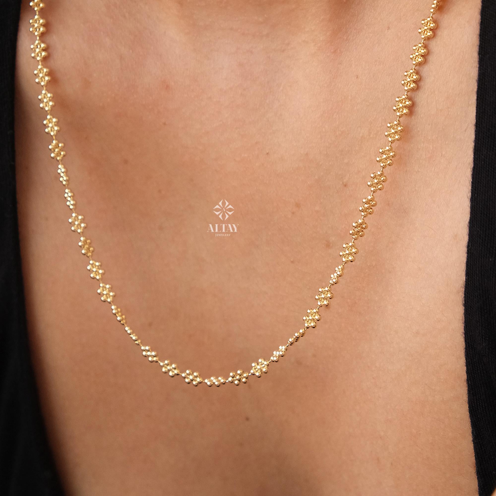 14K Gold Popcorn Necklace, 3mm Popcorn Choker Chain, Gold Beaded Stack Link Chain, Multi Ball Bismark Necklace, Valentine's Day Gift