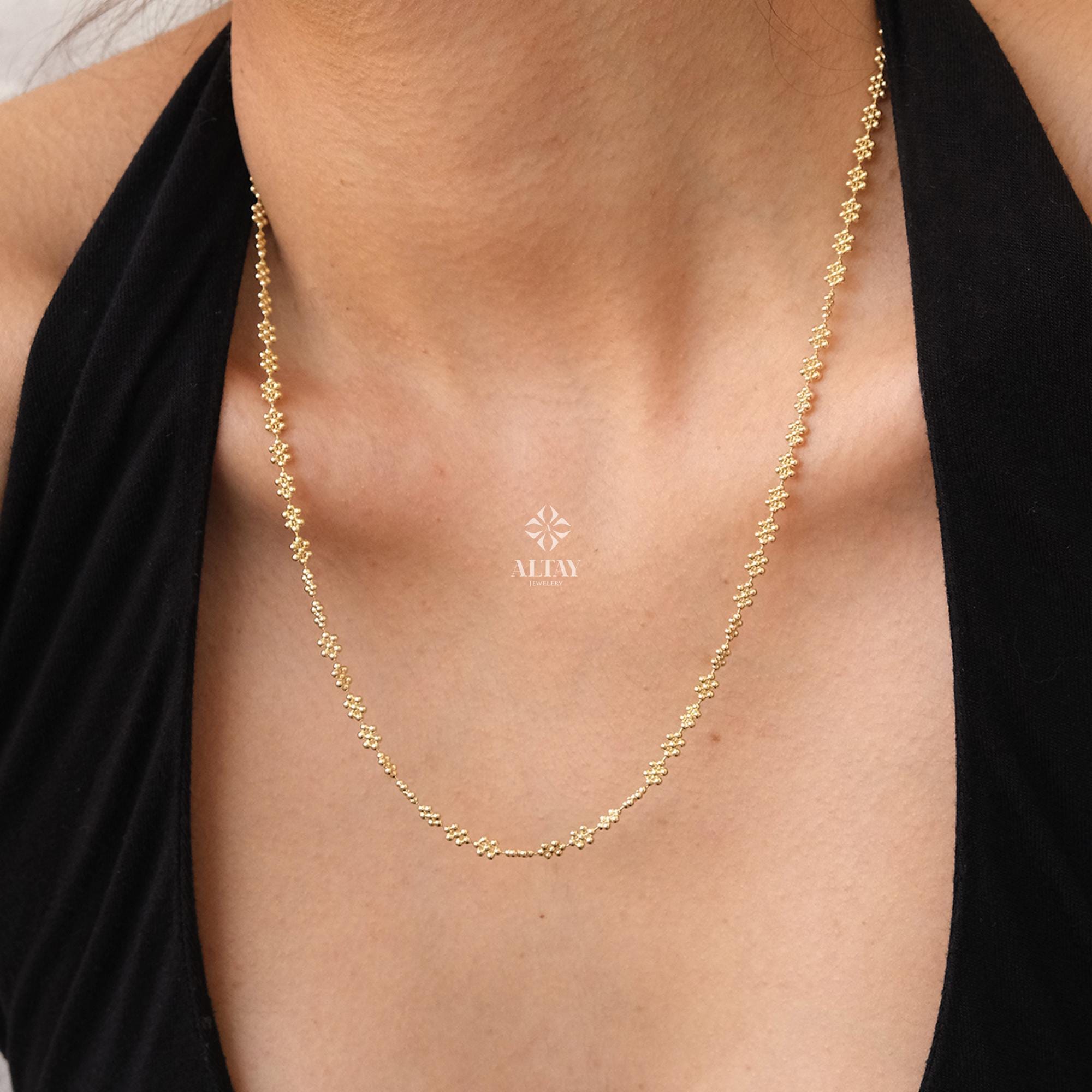 14K Gold Popcorn Necklace, 3mm Popcorn Choker Chain, Gold Beaded Stack Link Chain, Multi Ball Bismark Necklace, Valentine's Day Gift