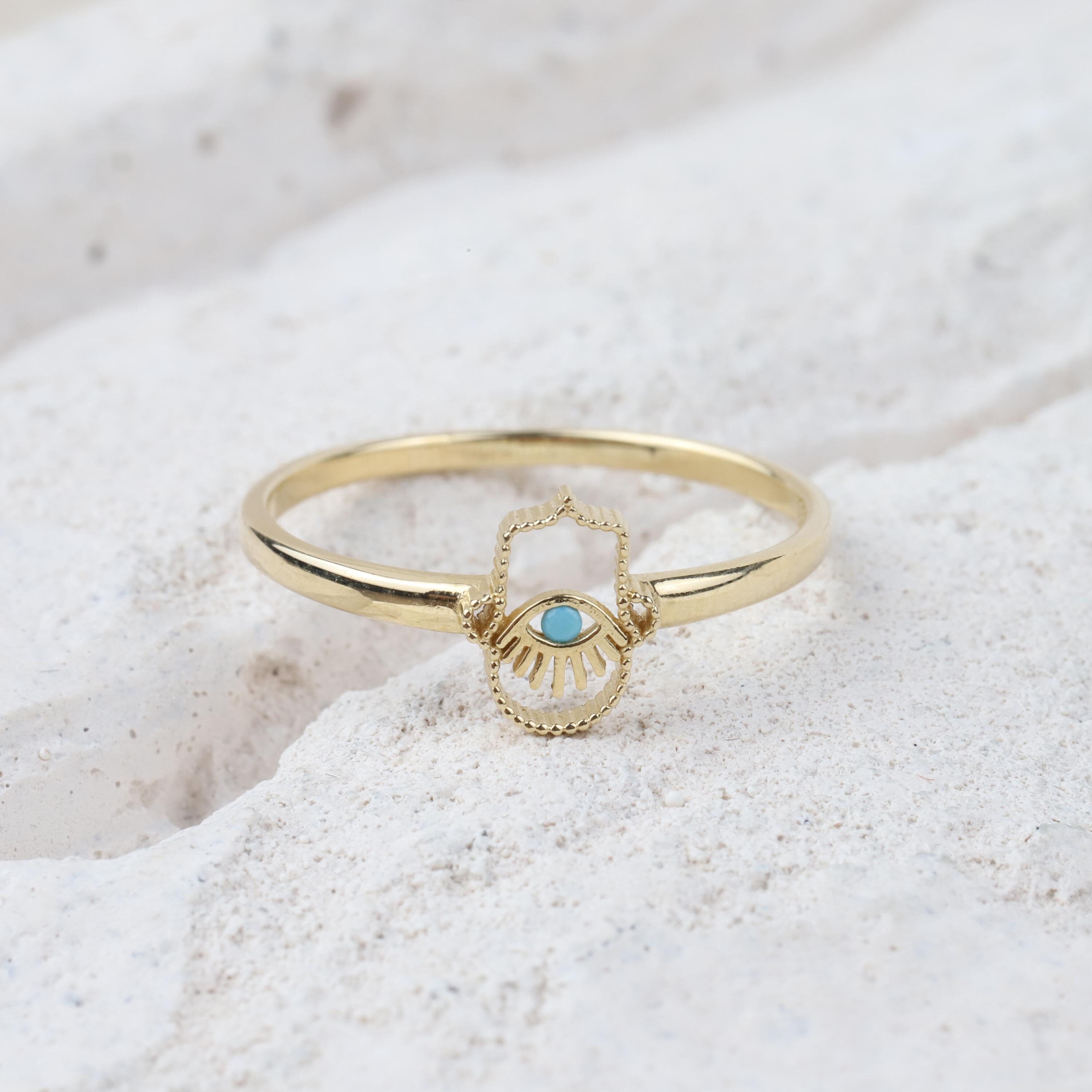 14K Gold Hamsa Hand Ring, Hand of Fatima, Gold Protection Ring, Minimalist Pinky Ring Women, Third Eye Band Ring, Handmade Gift Ring