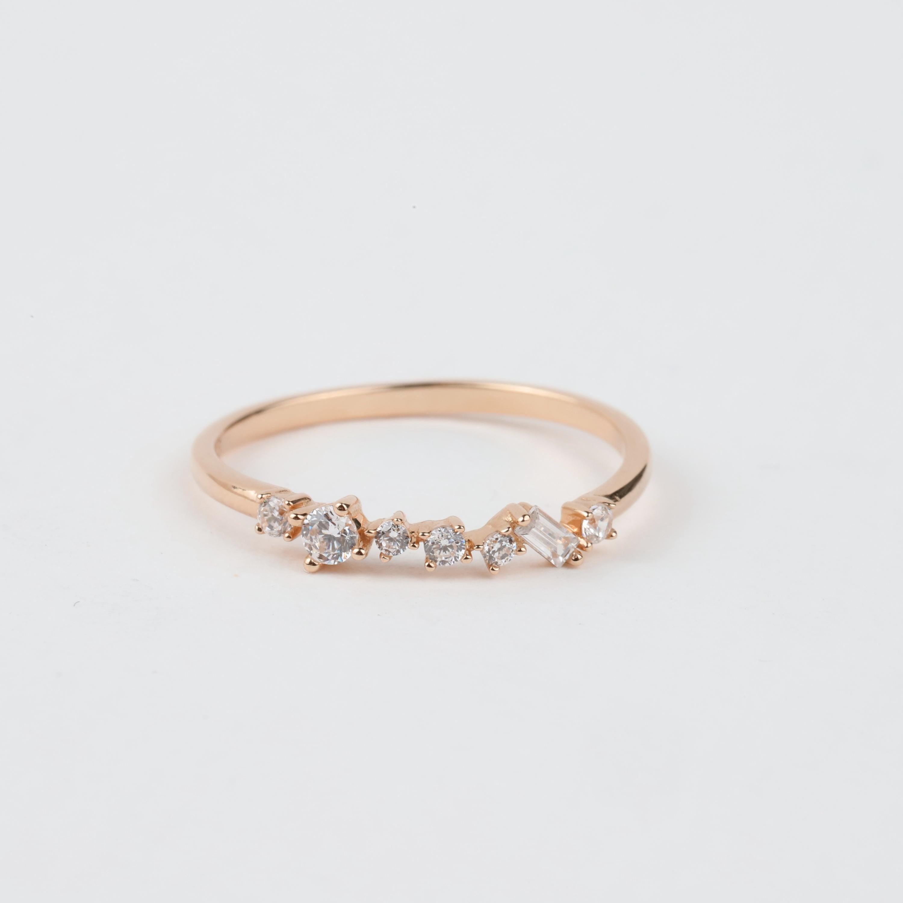 14K Gold Half Eternity Ring, 2mm CZ Diamond Wedding Ring, Round Wedding Ring, Delicate Engagement Band, Stacking Promise Ring