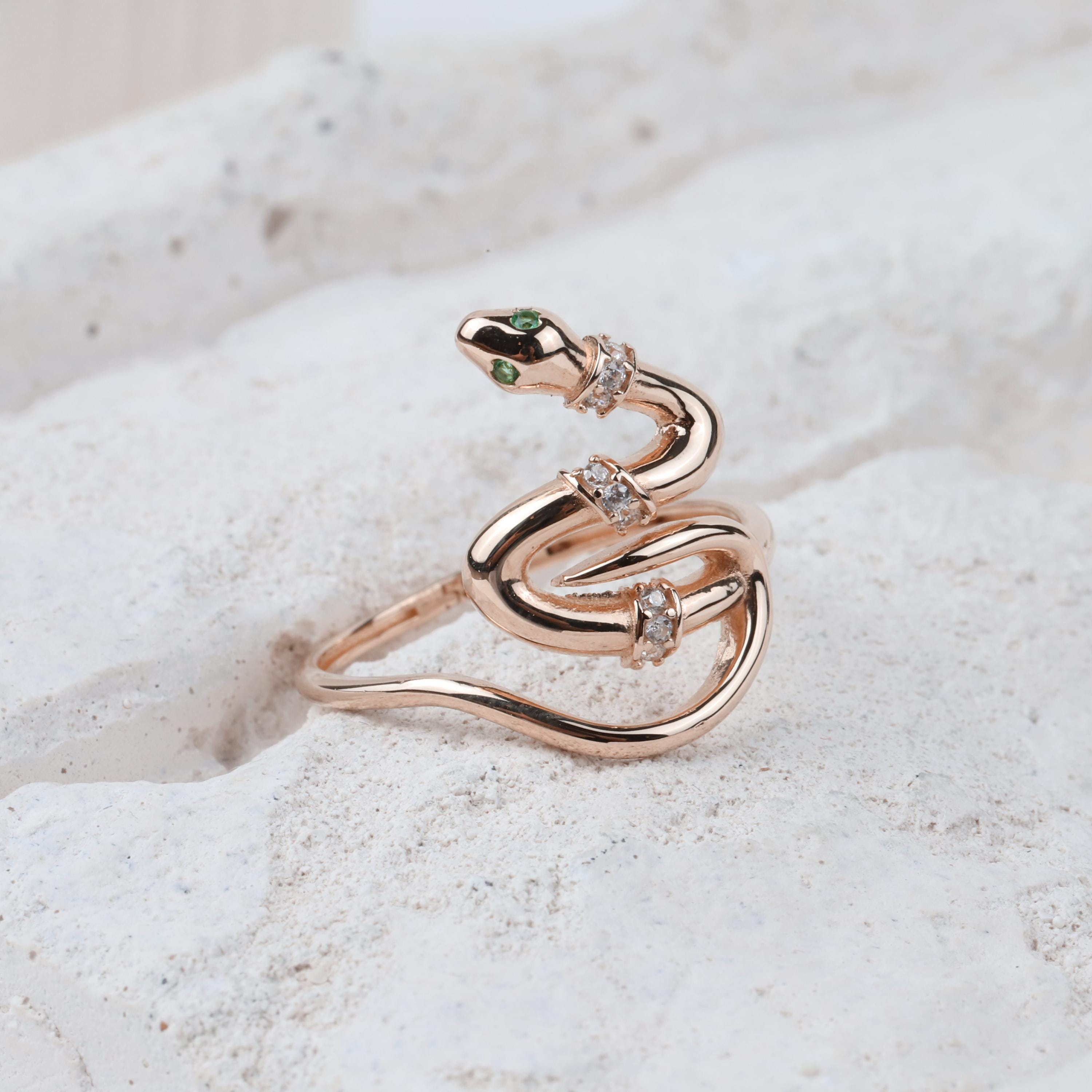 14K Gold Snake Ring, Snake Band, Open Serpent Jewelry, Dainty Stacking Animal Rings, CZ Snake Style Band, Open Band Statement Wrap Band Ring