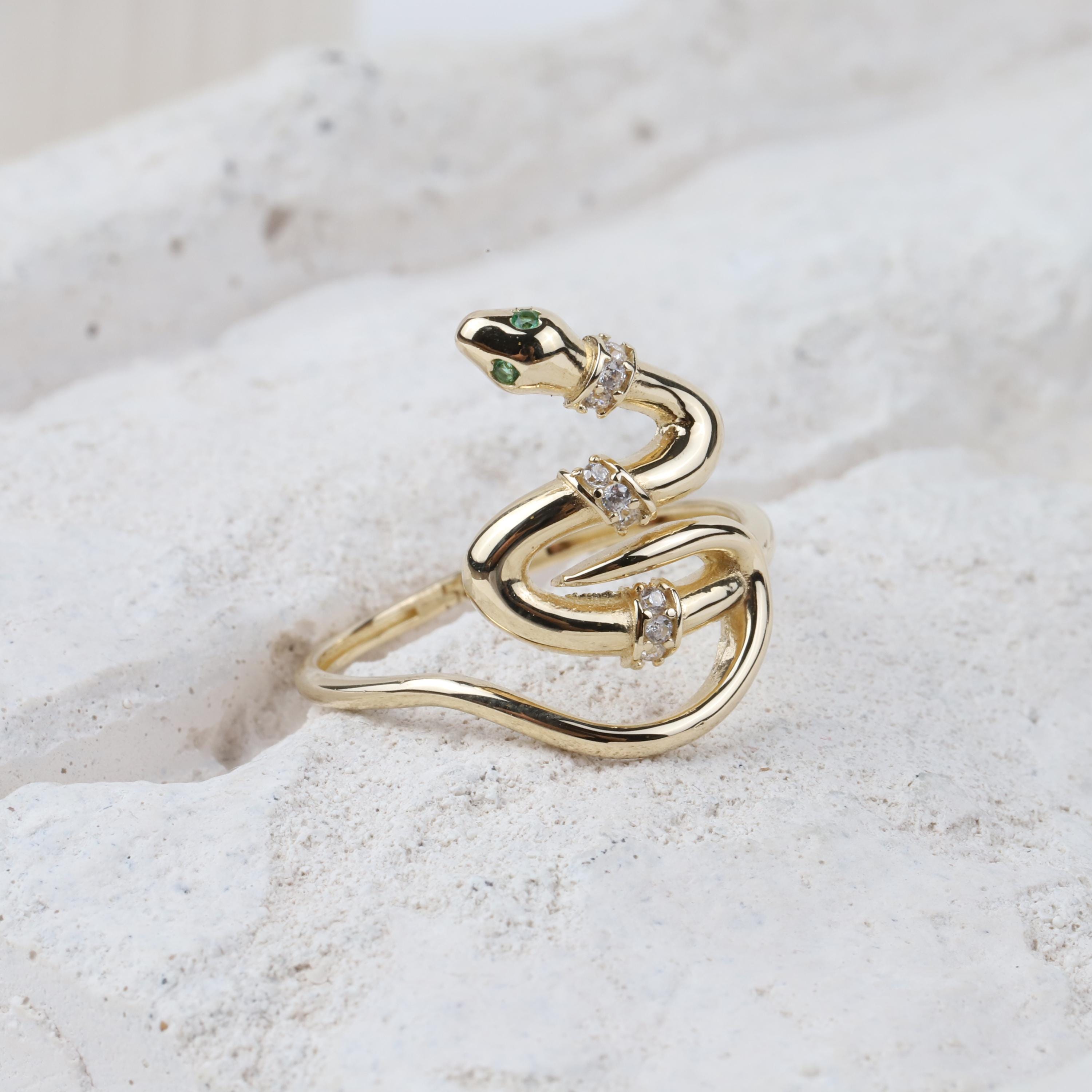 14K Gold Snake Ring, Snake Band, Open Serpent Jewelry, Dainty Stacking Animal Rings, CZ Snake Style Band, Open Band Statement Wrap Band Ring