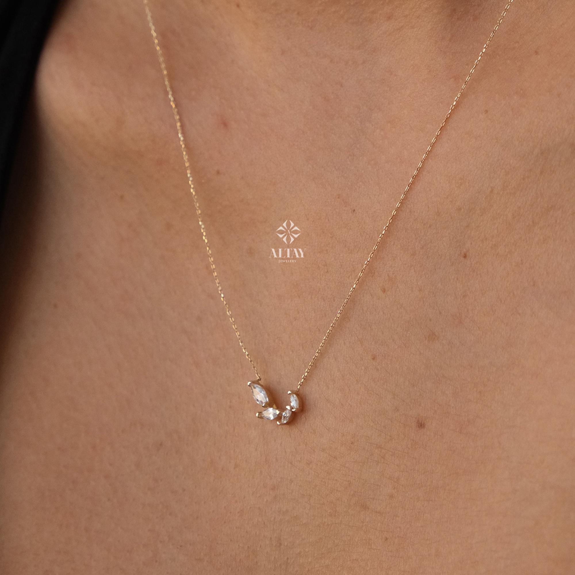 14K Gold Feather Necklace, Feather Charm Pendant, Cluster Stone Necklace, Minimal Feather Charm Choker, Leaf Necklace, Good Luck Necklace