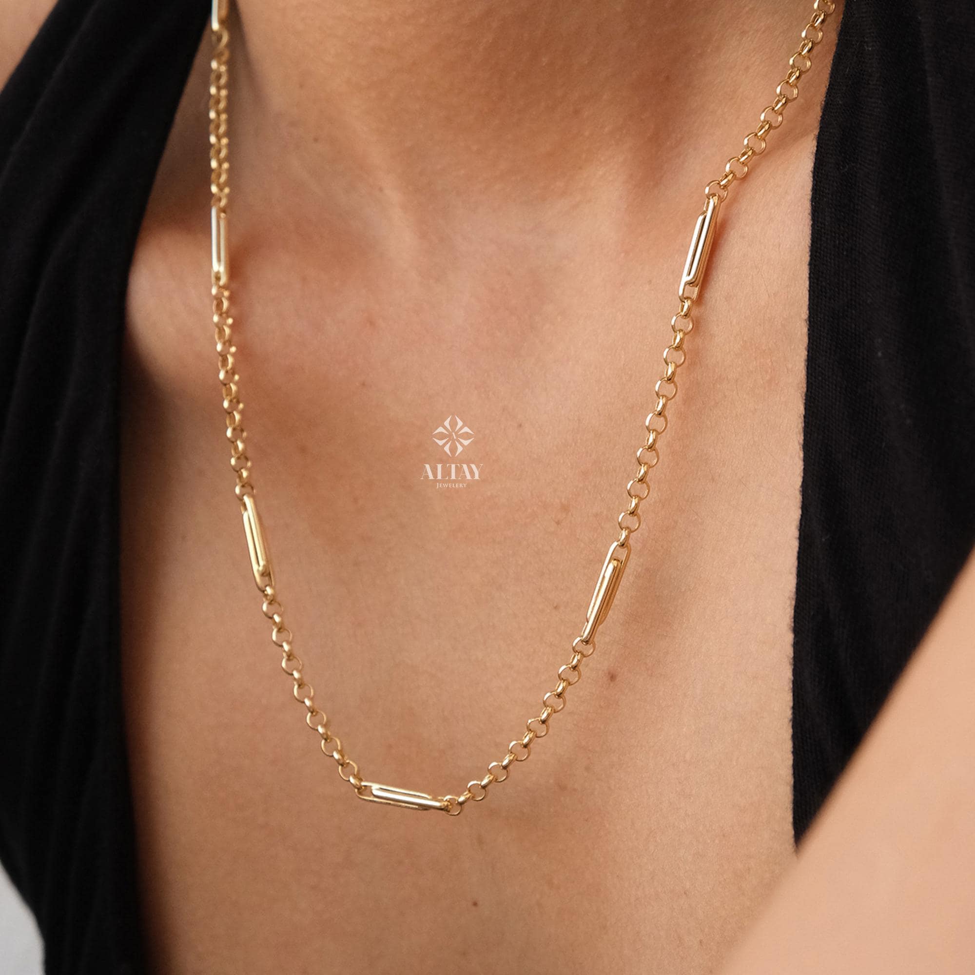 14K Gold Long Paperclip Rolo Chain Necklace, Rectangle Long Rolo Chain, Chunky Round Chain Link Necklace, Layered Necklace, Dainty Chain