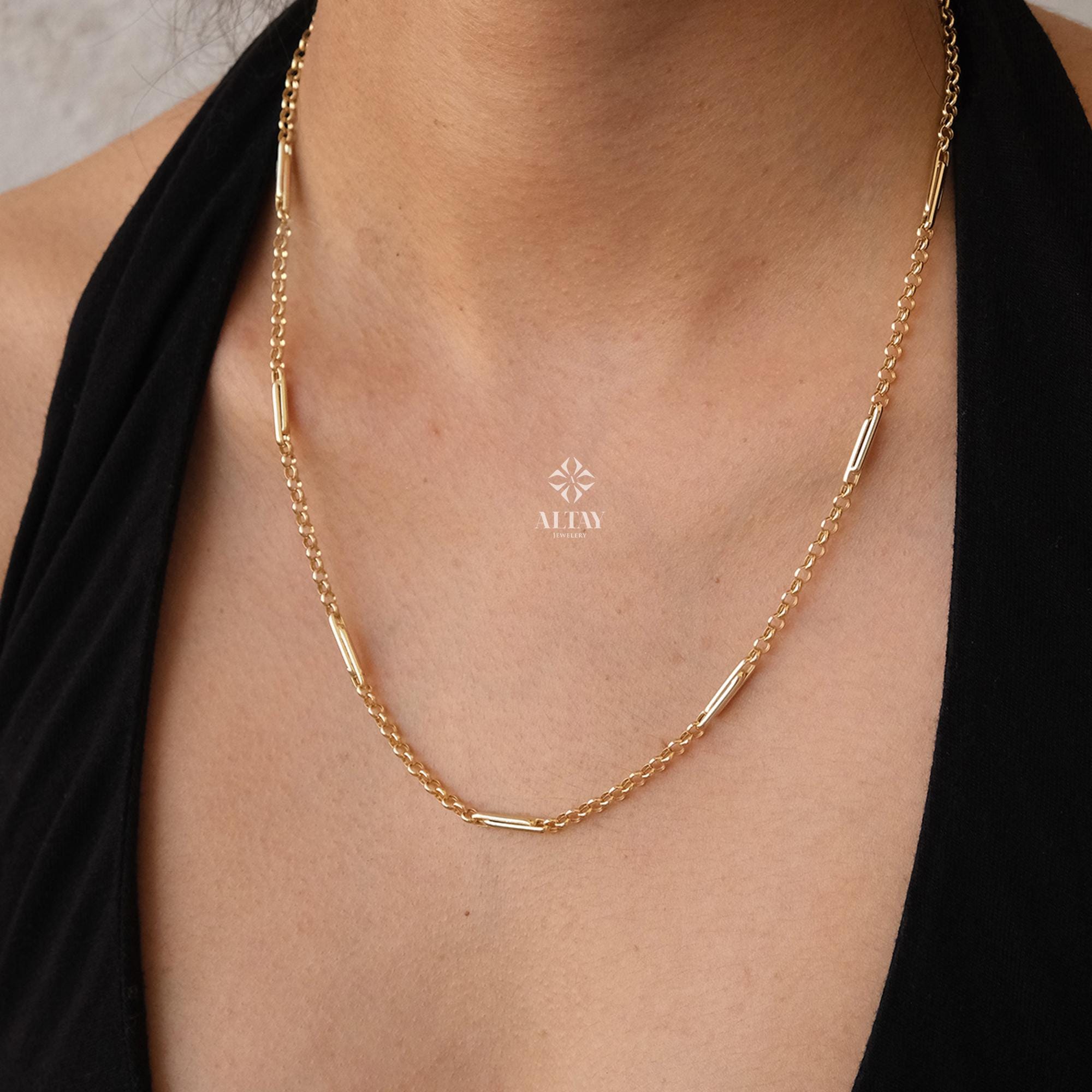 14K Gold Long Paperclip Rolo Chain Necklace, Rectangle Long Rolo Chain, Chunky Round Chain Link Necklace, Layered Necklace, Dainty Chain