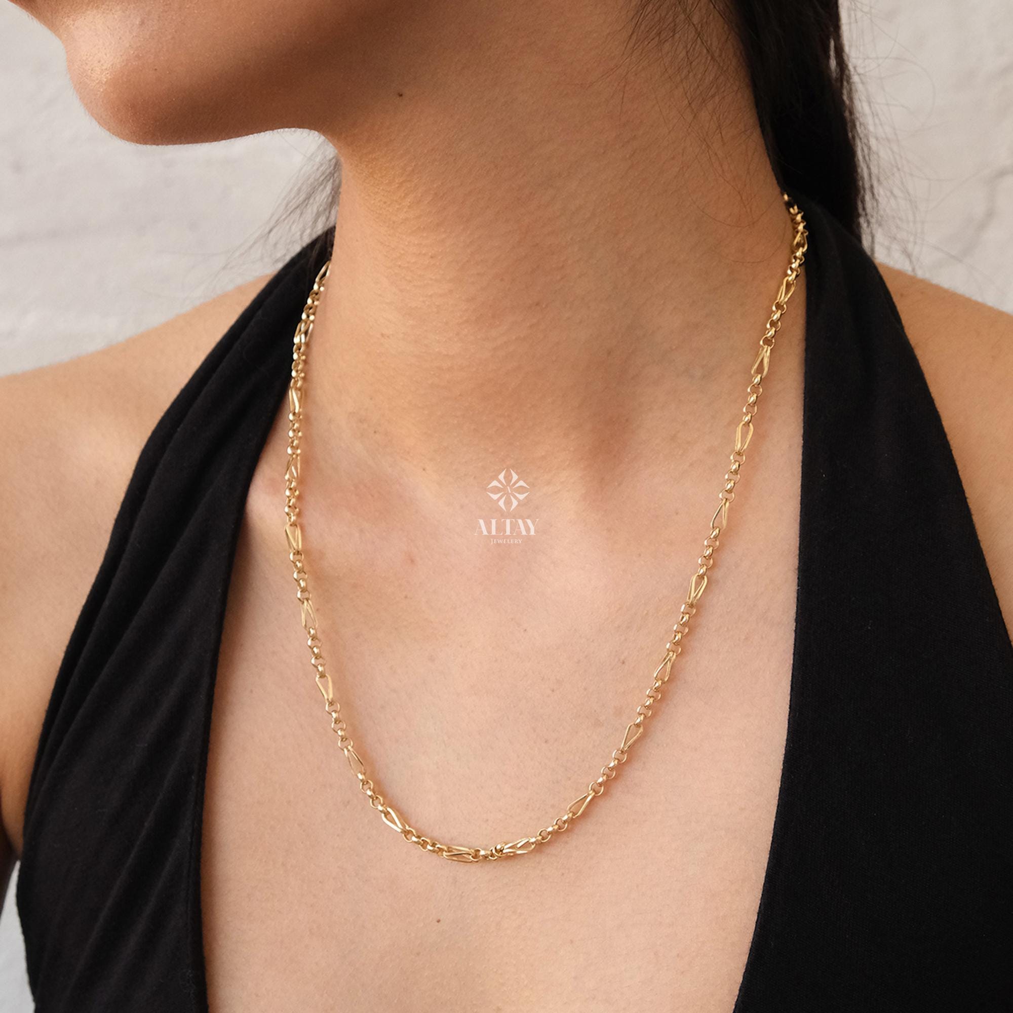 14K Gold Long Paperclip Rolo Chain Necklace, Rectangle Long Rolo Chain, Chunky Round Chain Link Dainty Necklace, Layered Chain Necklace