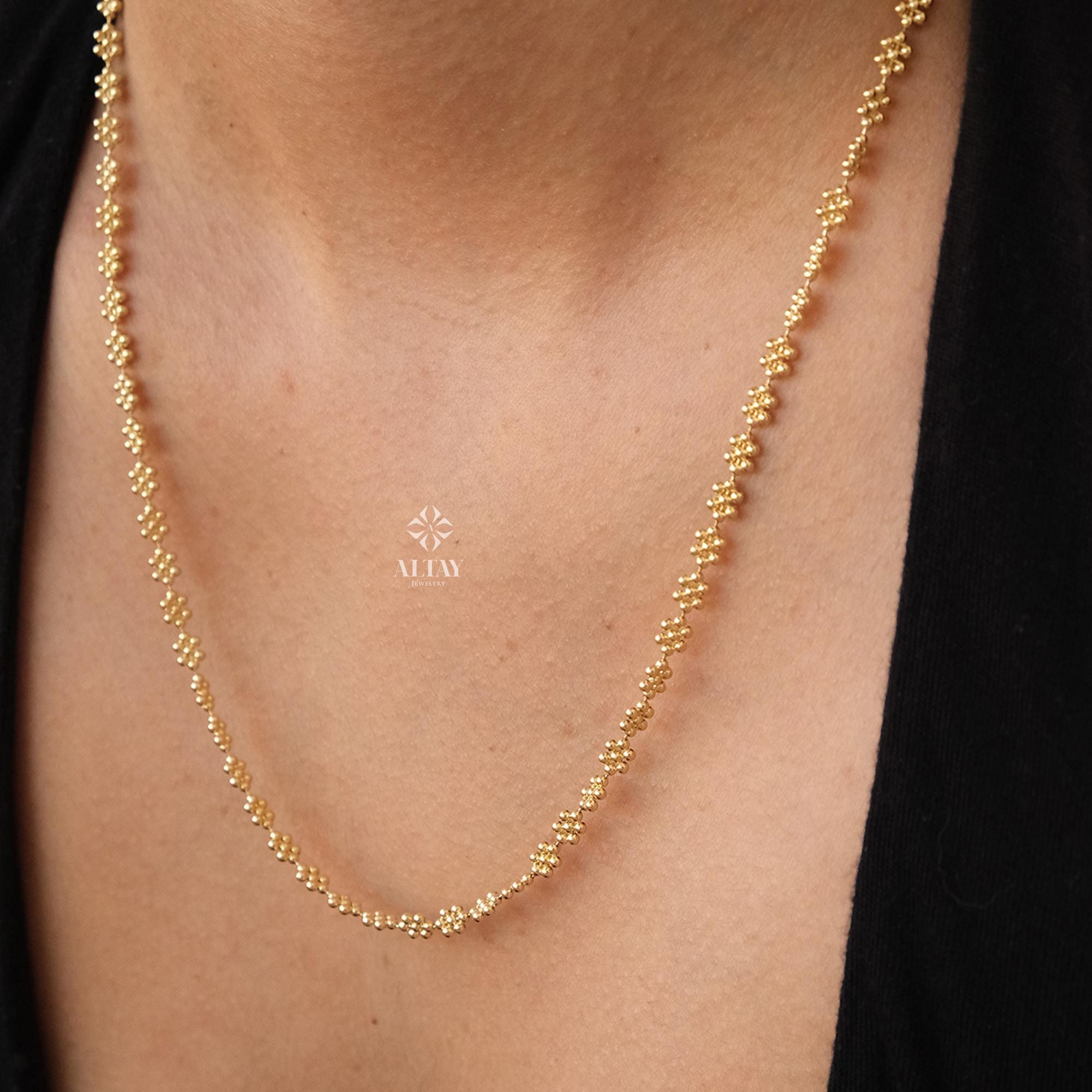 14K Gold Popcorn Necklace, 3mm Popcorn Choker Chain, Gold Beaded Stack Link Chain, Multi Ball Bismark Necklace, Valentine's Day Gift