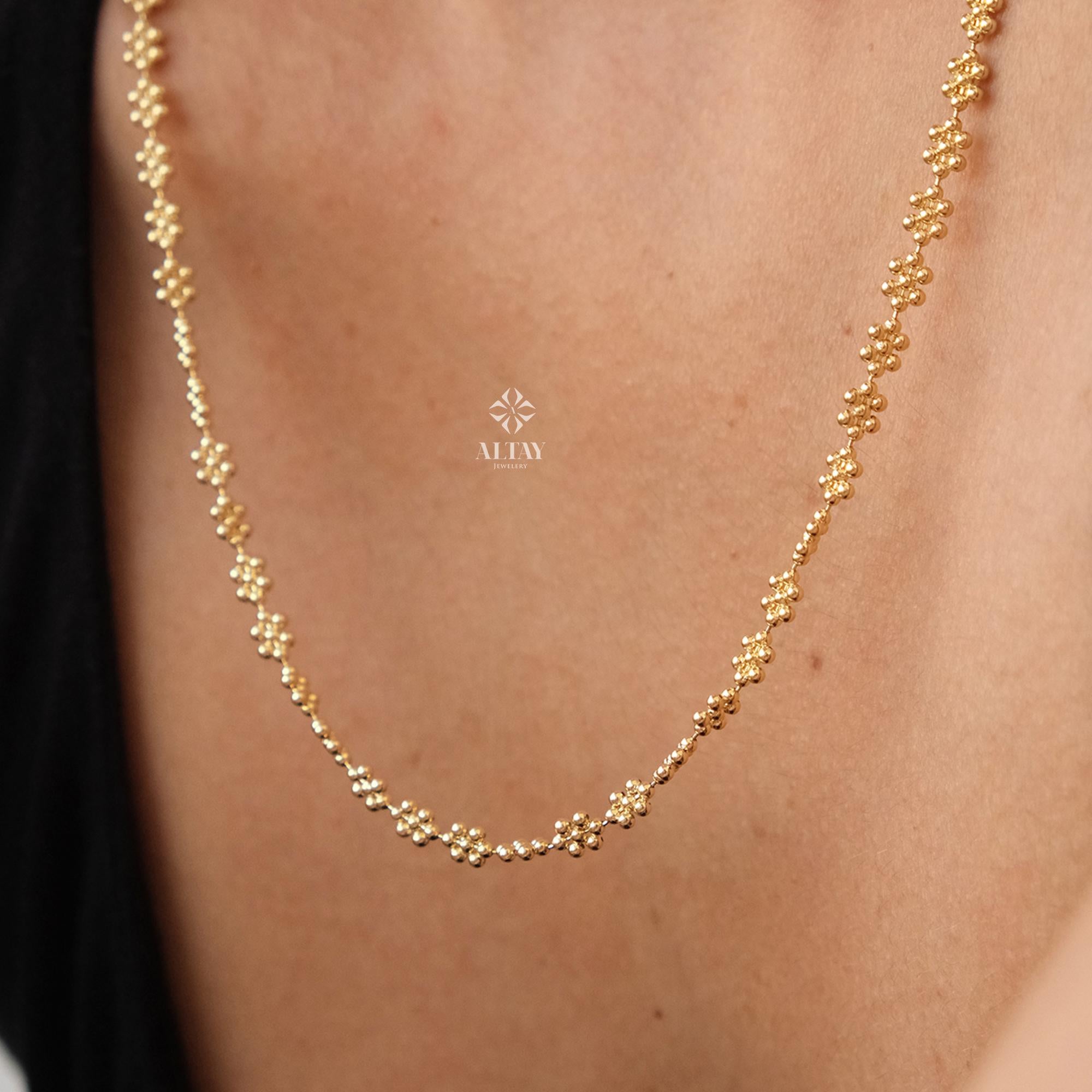 14K Gold Popcorn Necklace, 3mm Popcorn Choker Chain, Gold Beaded Stack Link Chain, Multi Ball Bismark Necklace, Valentine's Day Gift