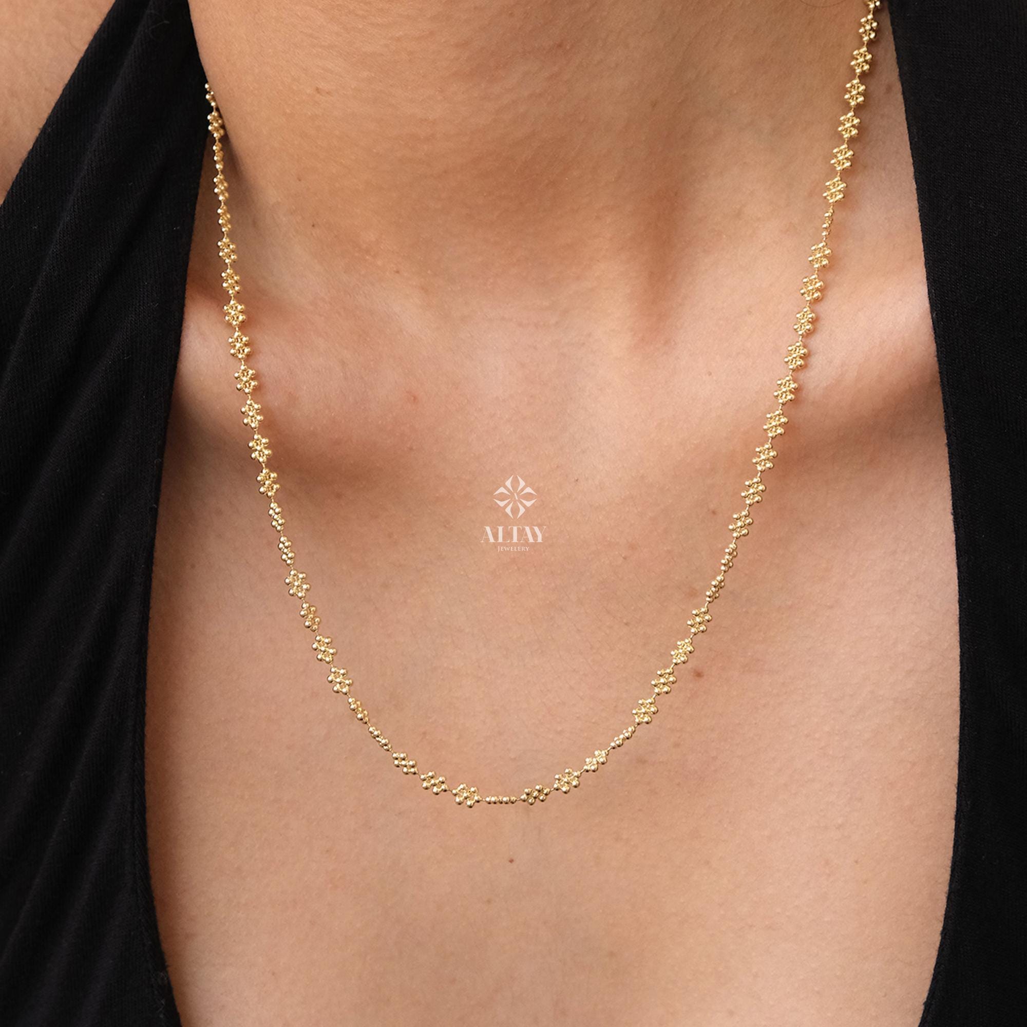 14K Gold Popcorn Necklace, 3mm Popcorn Choker Chain, Gold Beaded Stack Link Chain, Multi Ball Bismark Necklace, Valentine's Day Gift