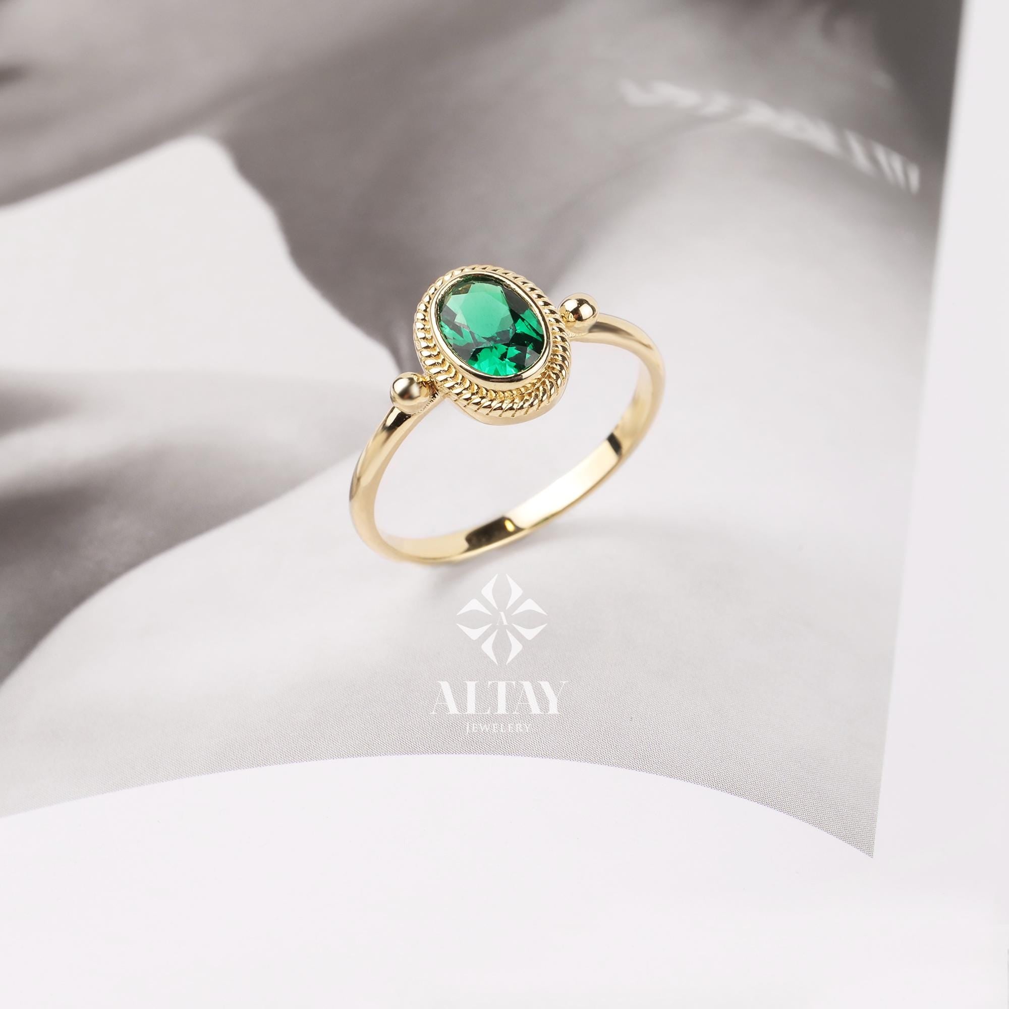 14K Gold Birthstone Ring, Emerald Gemstone Vintage Gold Stackable Ring, Dainty Gold Elegant Ring, Art Deco Wedding Band, Half Eternity Ring