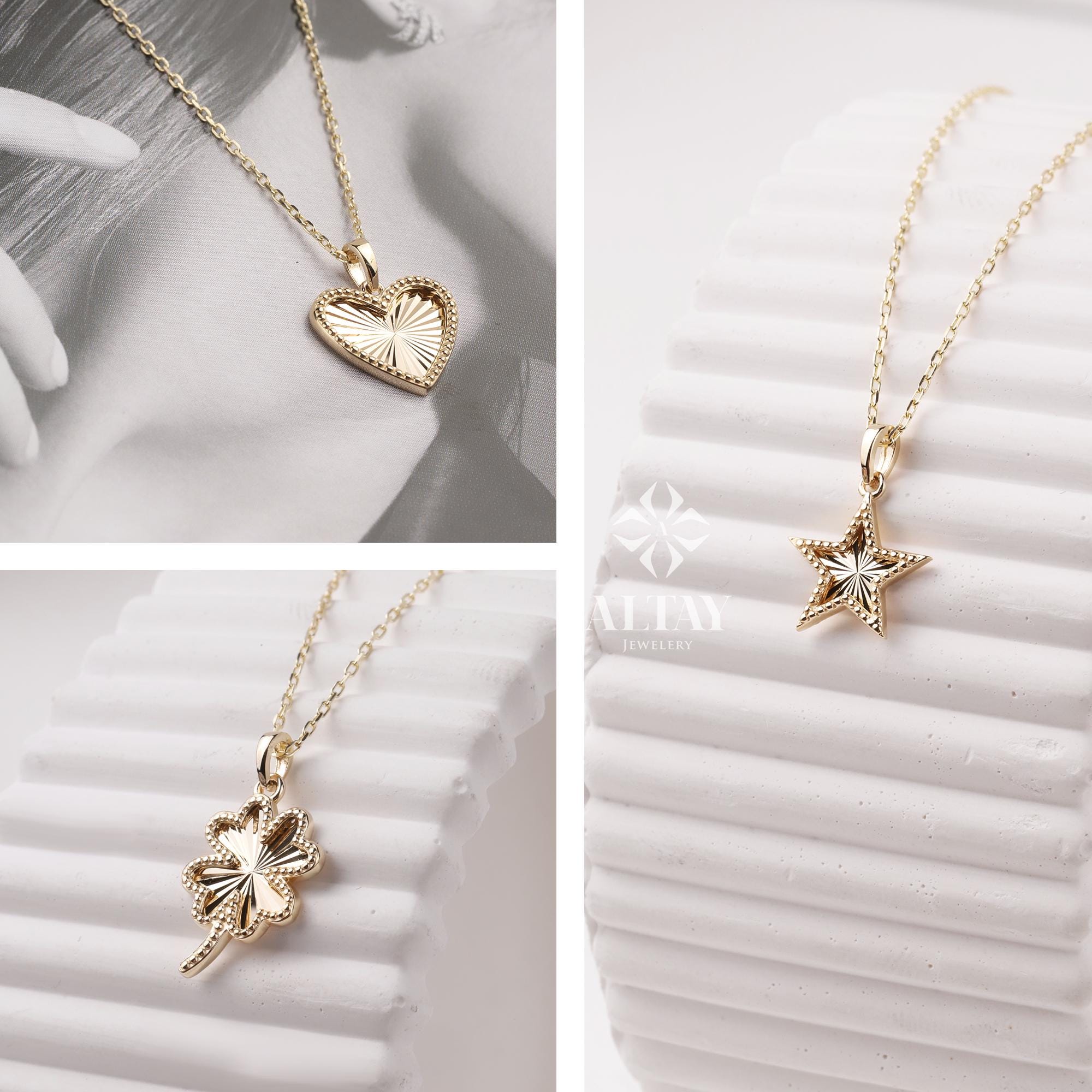 14K Gold Heart Star Clover Necklace, Mini Textured Heart Pendant, Sparkle Gold Star Charm, Small Clover Necklace, Love Pendant Necklace