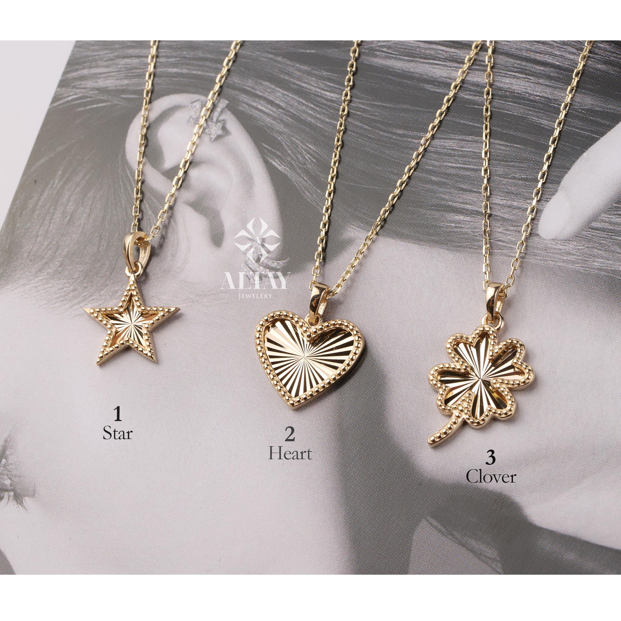 14K Gold Heart Star Clover Necklace, Mini Textured Heart Pendant, Sparkle Gold Star Charm, Small Clover Necklace, Love Pendant Necklace