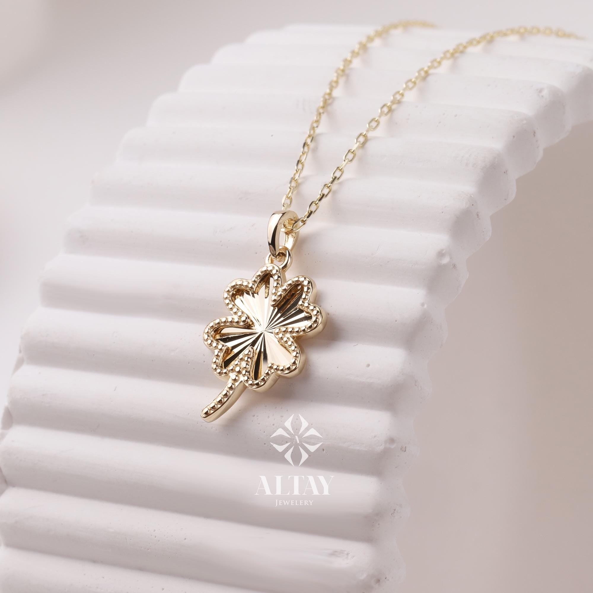 14K Gold Heart Star Clover Necklace, Mini Textured Heart Pendant, Sparkle Gold Star Charm, Small Clover Necklace, Love Pendant Necklace