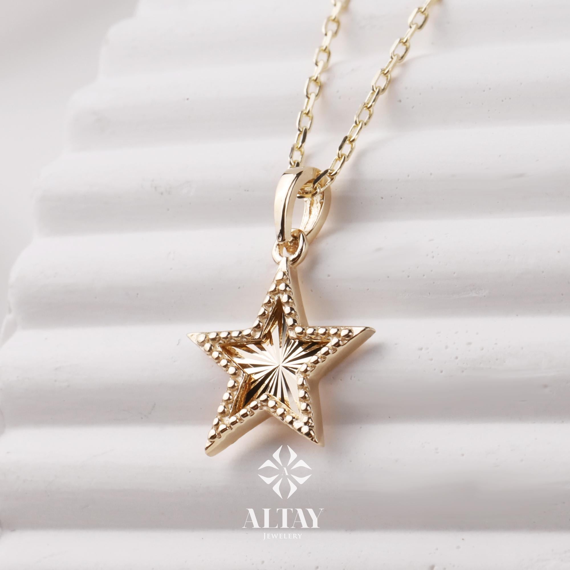 14K Gold Heart Star Clover Necklace, Mini Textured Heart Pendant, Sparkle Gold Star Charm, Small Clover Necklace, Love Pendant Necklace