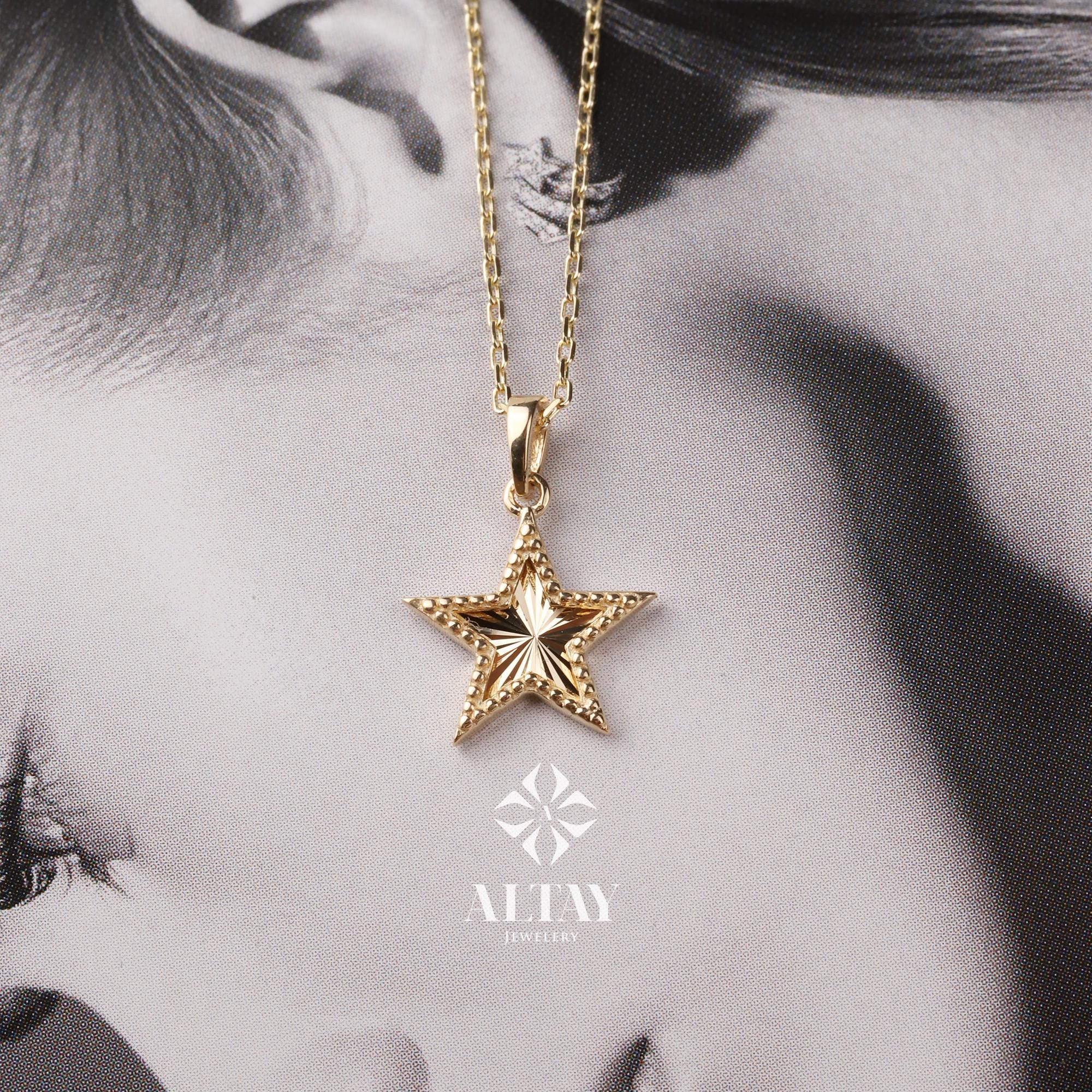 14K Gold Heart Star Clover Necklace, Mini Textured Heart Pendant, Sparkle Gold Star Charm, Small Clover Necklace, Love Pendant Necklace