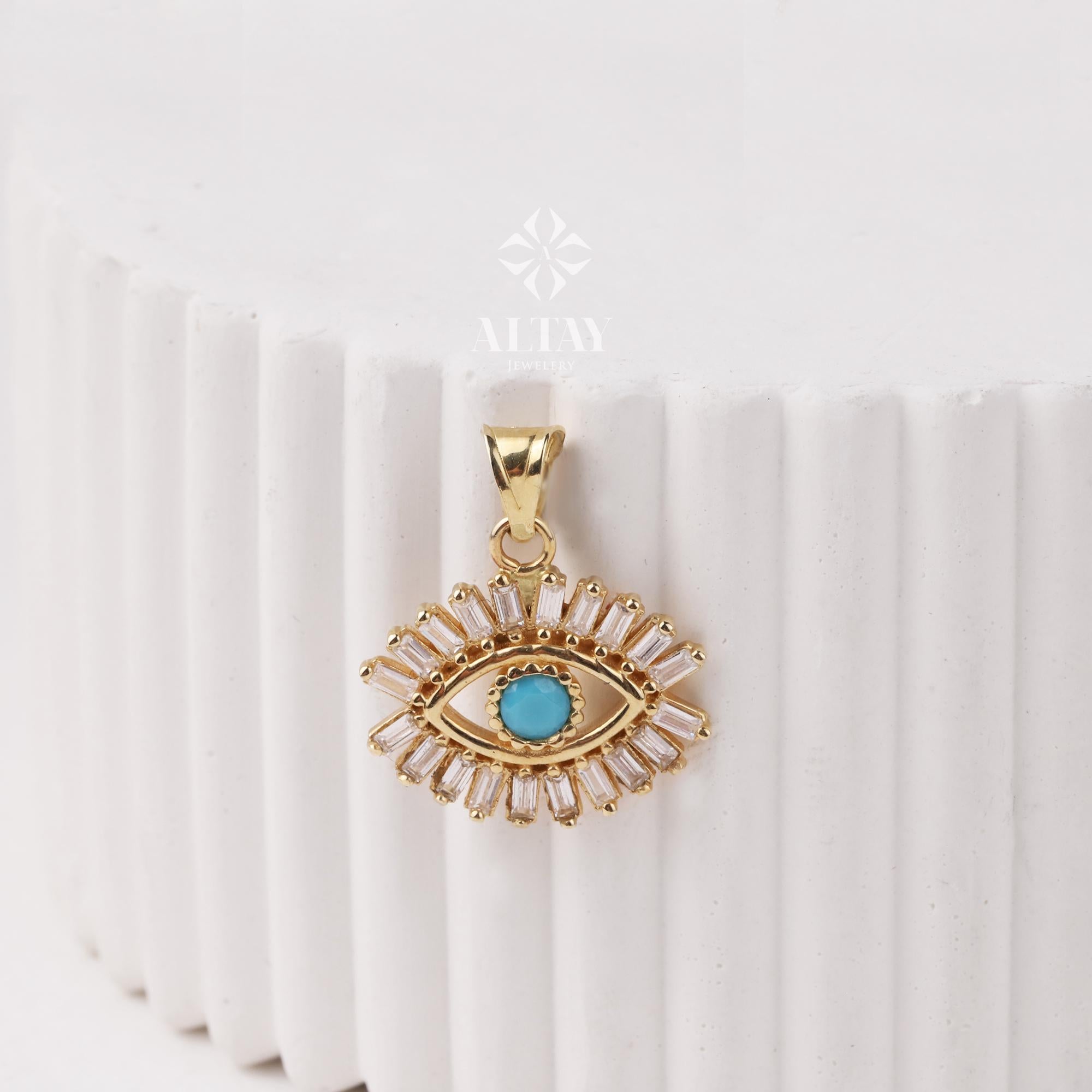 14K Gold Baguette Evil Eye Necklace, Sequin Chain Turquoise Pendant, CZ Evil Eye Necklace, Dainty Protection Necklace, Minimal Gold Jewelry