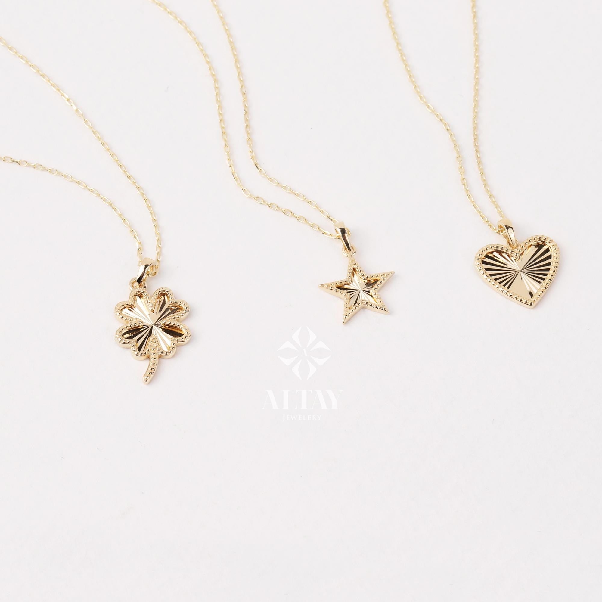 14K Gold Heart Star Clover Necklace, Mini Textured Heart Pendant, Sparkle Gold Star Charm, Small Clover Necklace, Love Pendant Necklace