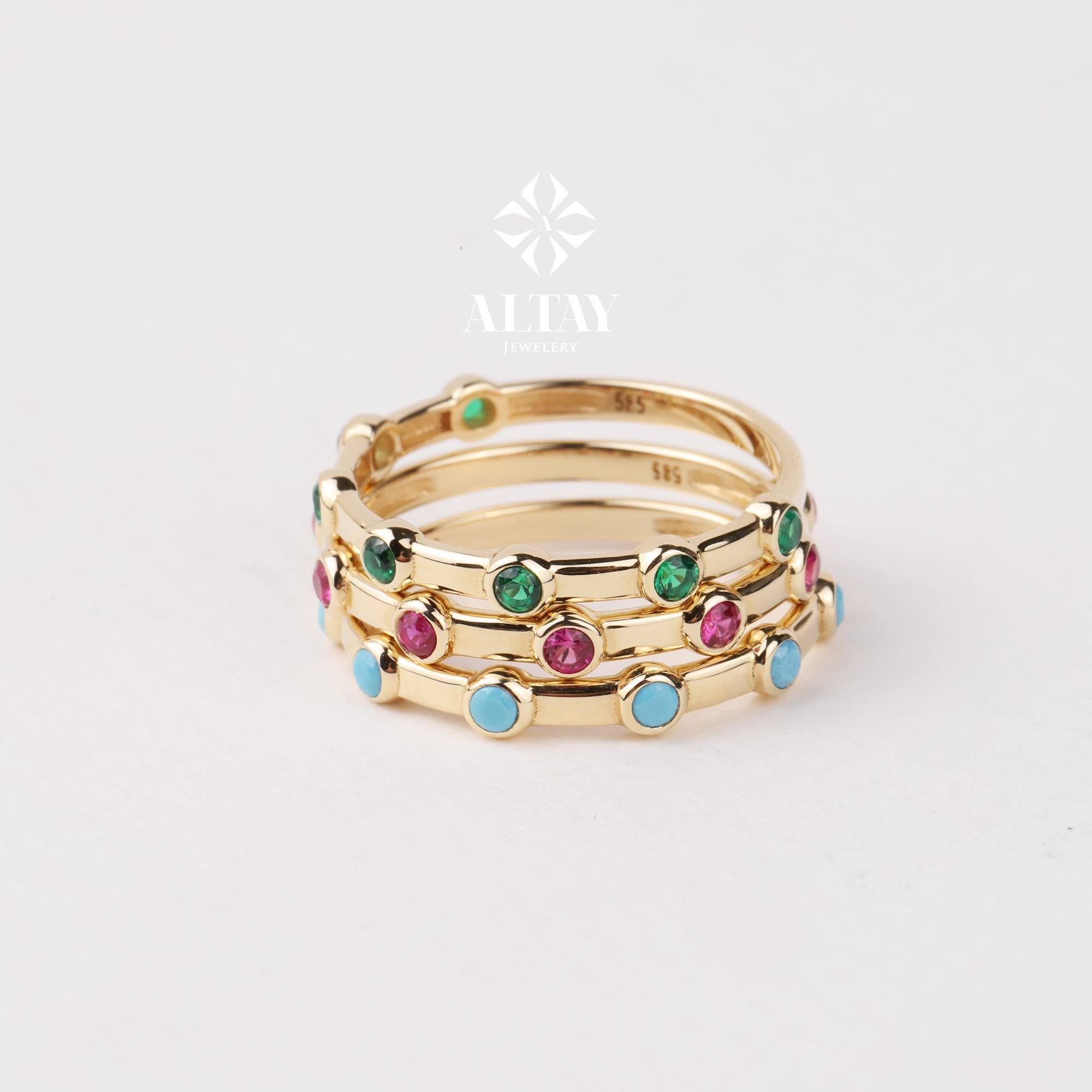 14K Gold Engagement Ring, Multi stone Gold Ring, Art Deco Band Ring, Promise Ring, Birthstone Ring, Stacking Bridal Ring, Beaded Gold Ring