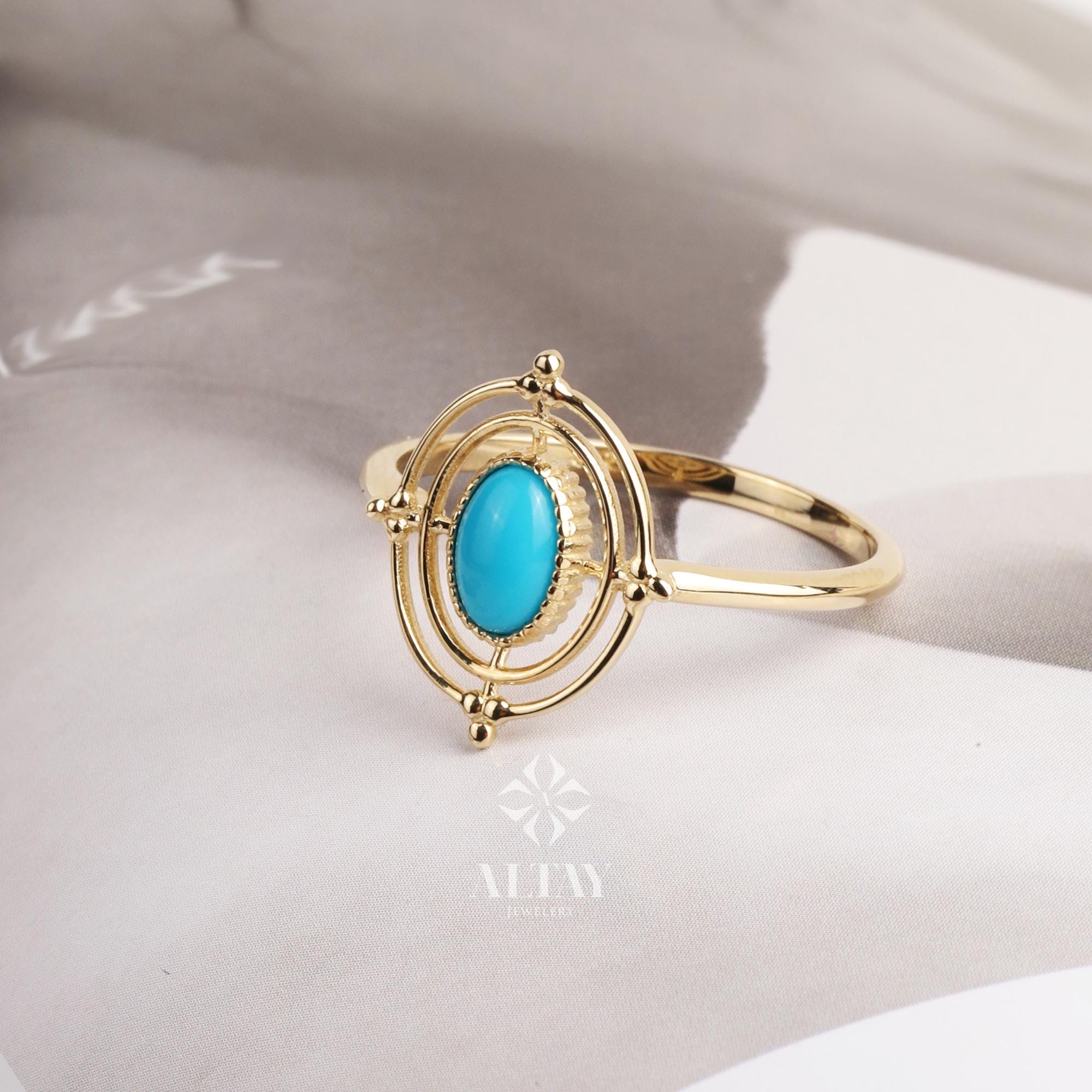 14K Gold Turquoise Stone Ring, Compass Polar Star Band, North Star Turquoise Ring, Astrology Starburst Ring, Luck Star, Celestial Pinky Ring