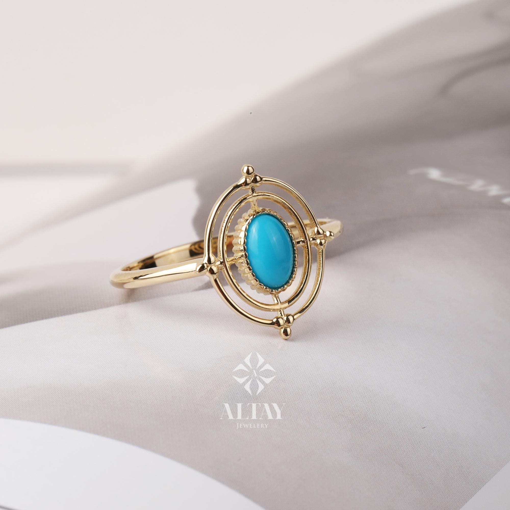 14K Gold Turquoise Stone Ring, Compass Polar Star Band, North Star Turquoise Ring, Astrology Starburst Ring, Luck Star, Celestial Pinky Ring