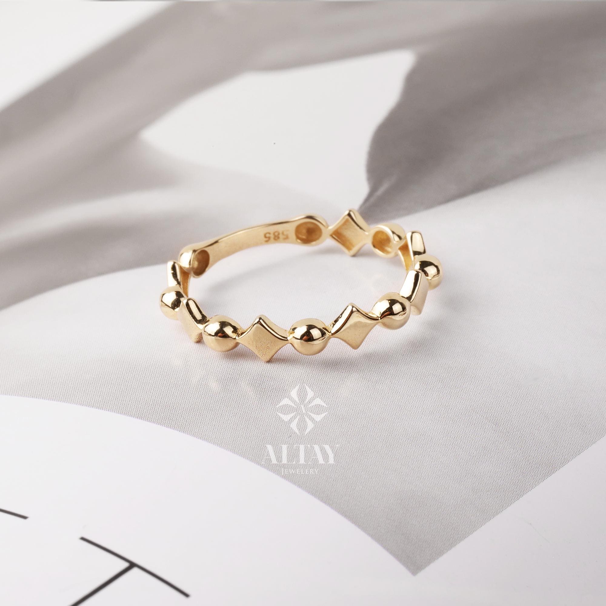 14K Gold Ball Ring, Beaded Knuckle Band, Tiny Square Bead Ring, Minimalist Stacking Ring, Round Bead Eternity Ring, Dainty Wedding Ring