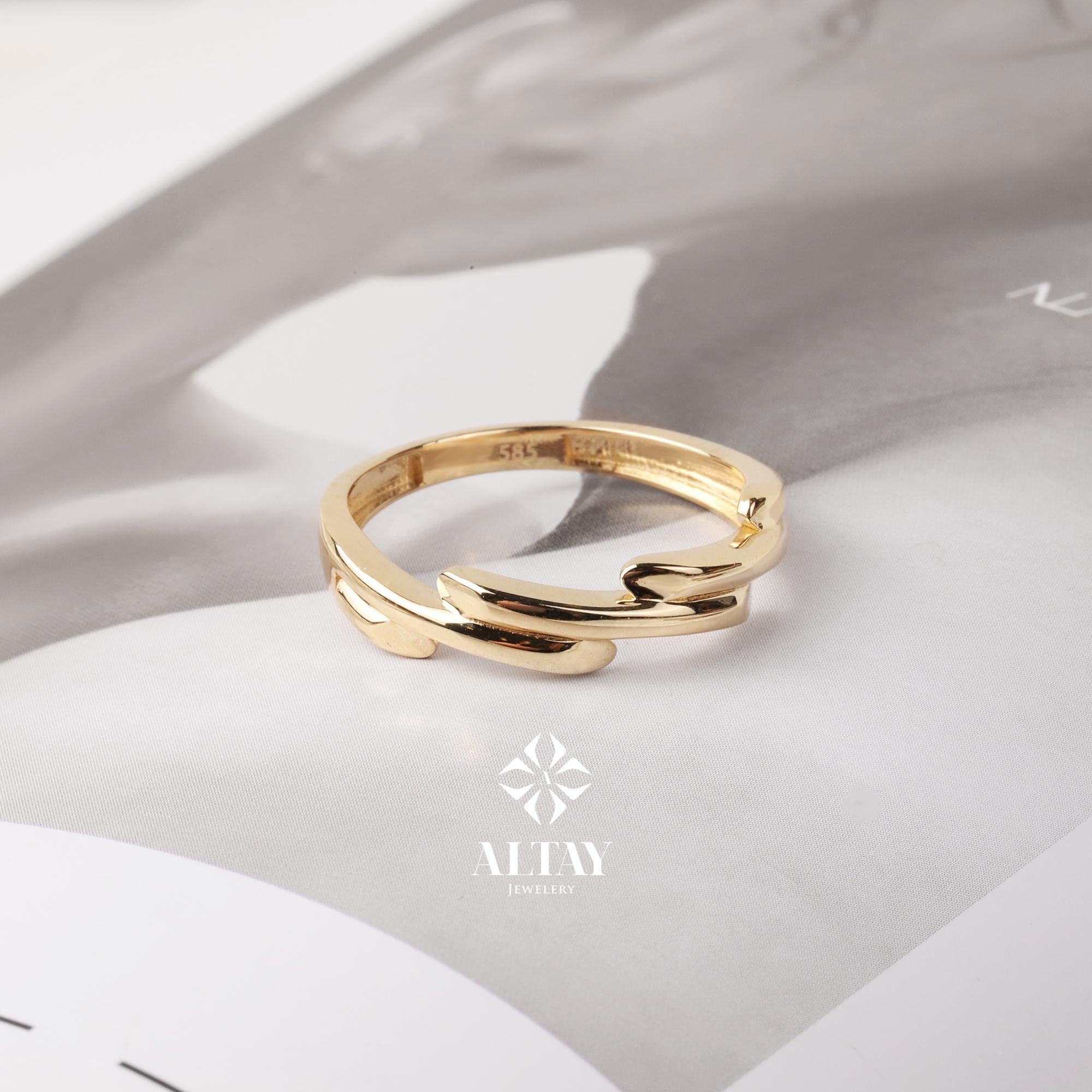 14K Gold Wave Branch Ring, Gold Twig Band, Minimalist Gold Knuckle Ring, Dainty Gold Leaf, Gold Branch Ring, Stackable Ring, Gift For Mom
