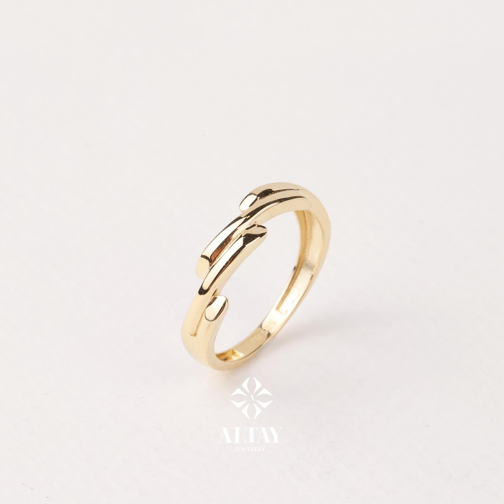 14K Gold Wave Branch Ring, Gold Twig Band, Minimalist Gold Knuckle Ring, Dainty Gold Leaf, Gold Branch Ring, Stackable Ring, Gift For Mom