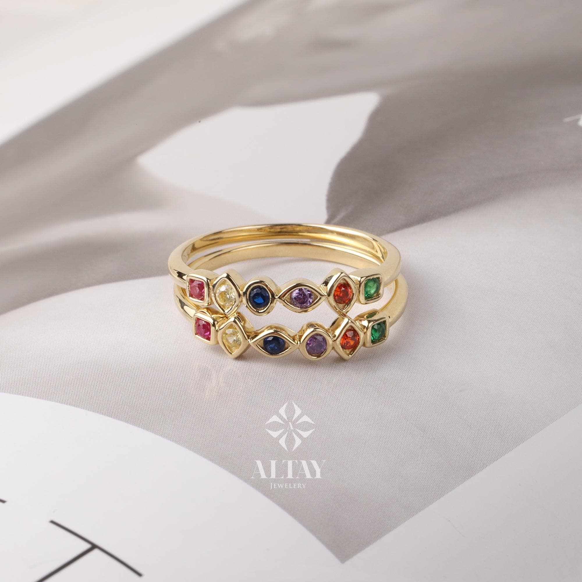 14K Gold Birthstone Ring, Multi Stone Gold Ring, Engagement Band Ring, Promise Ring, Birthstone Ring, Stacking Bridal Ring, Beaded Gold Ring