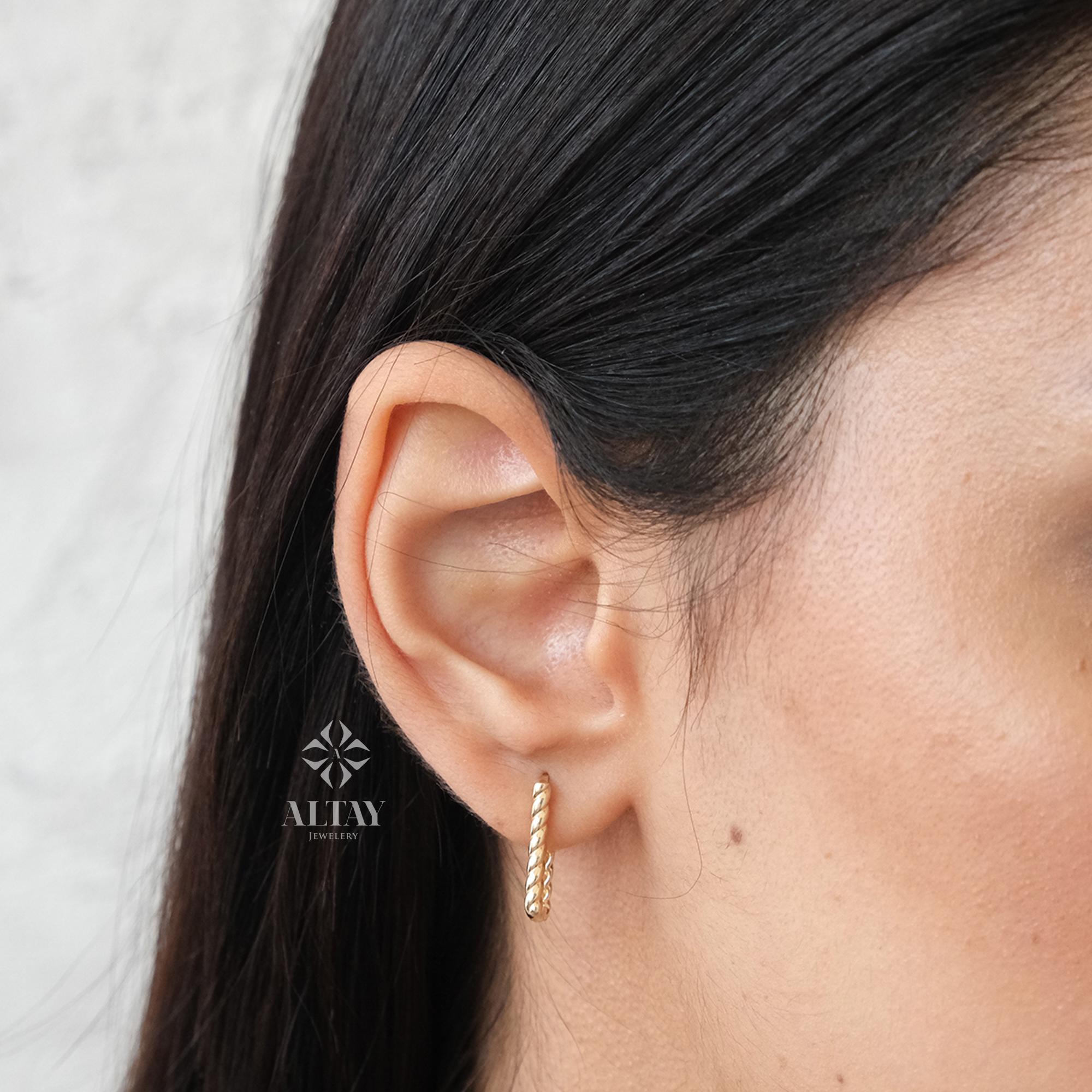 14K Gold Rectangle Rope Earrings, Twisted Stone Hoop Earrings, Tiny Spiral Dainty Earring, Dainty Delicate Gift For Her, Mothers Day Gift