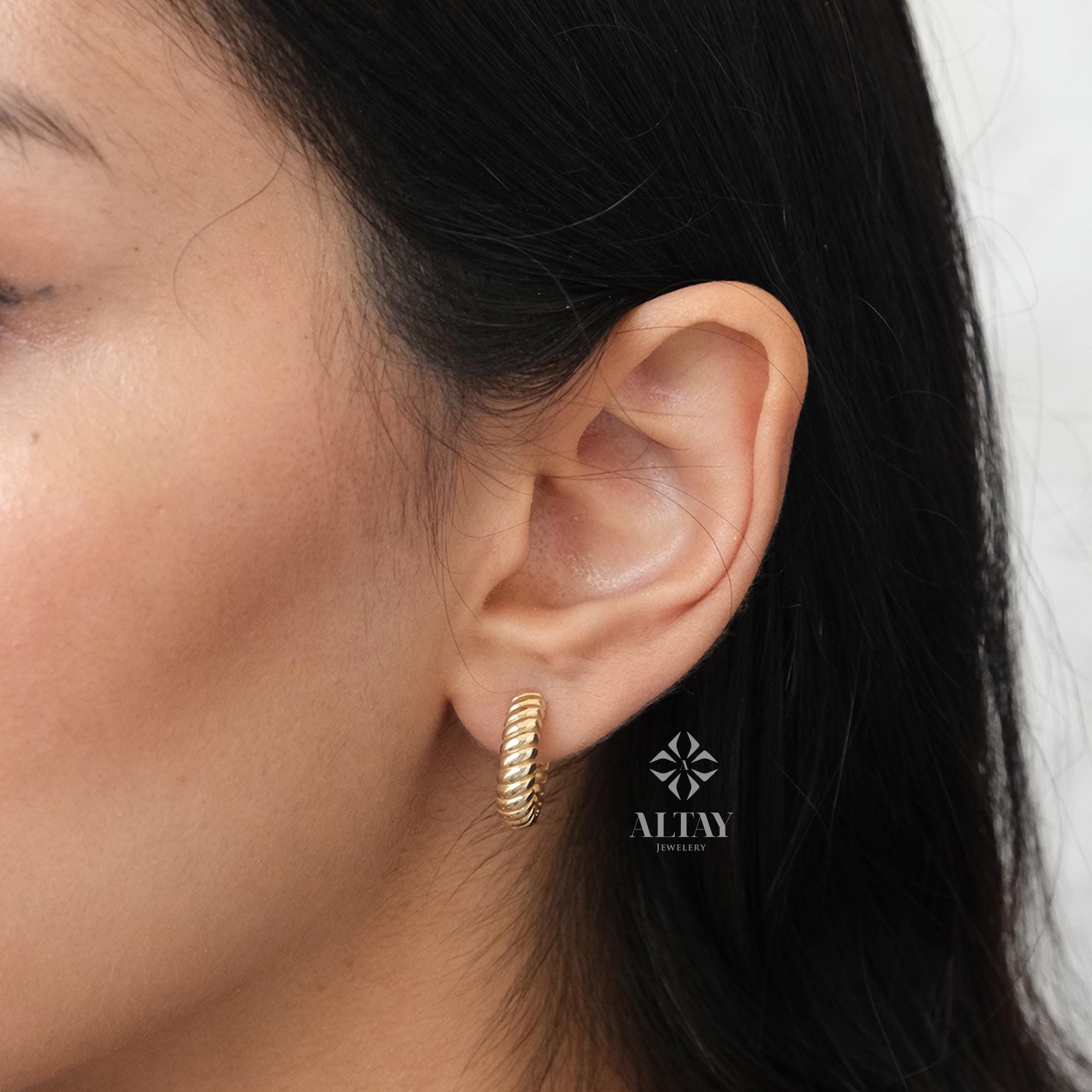 14K Gold Croissant Hoop Earrings, 15mm Round Thick Chunky Hoops Gold Earrings, French Hoop Earrings, Statement Earrings, Women Bold Hoops