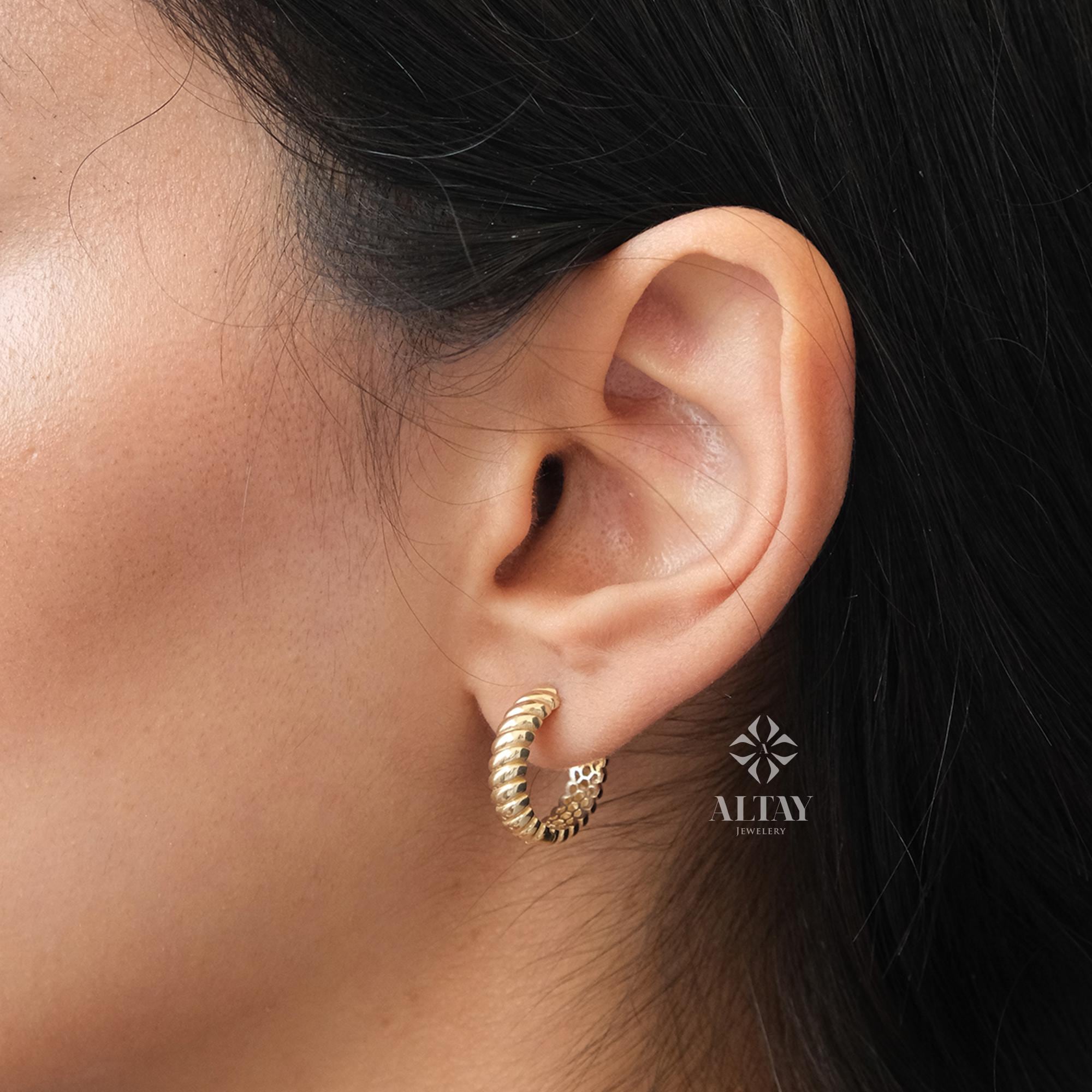 14K Gold Croissant Hoop Earrings, 15mm Round Thick Chunky Hoops Gold Earrings, French Hoop Earrings, Statement Earrings, Women Bold Hoops